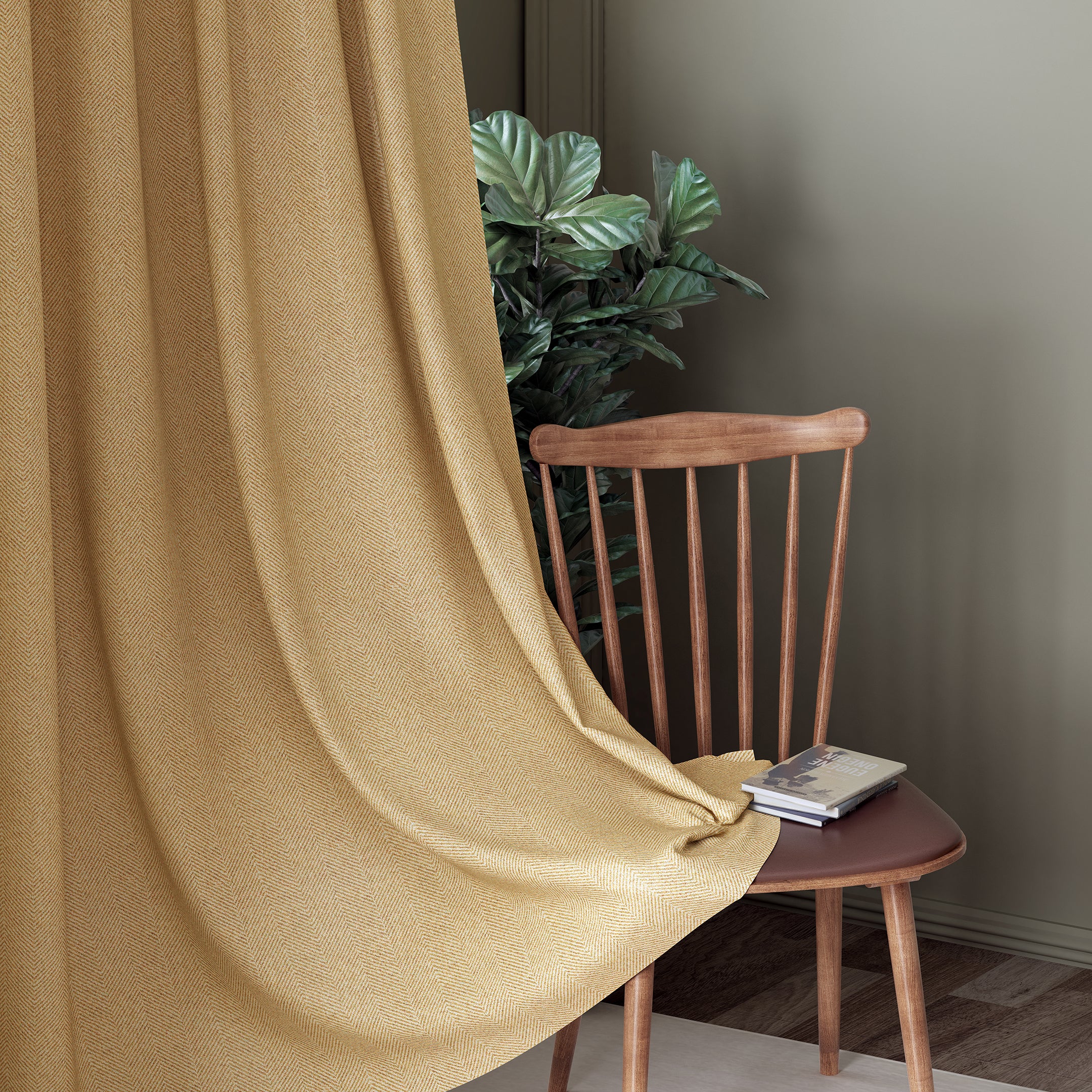 HERRINGBONE MUSTARD PRINTED BLACKOUT CURTAINS