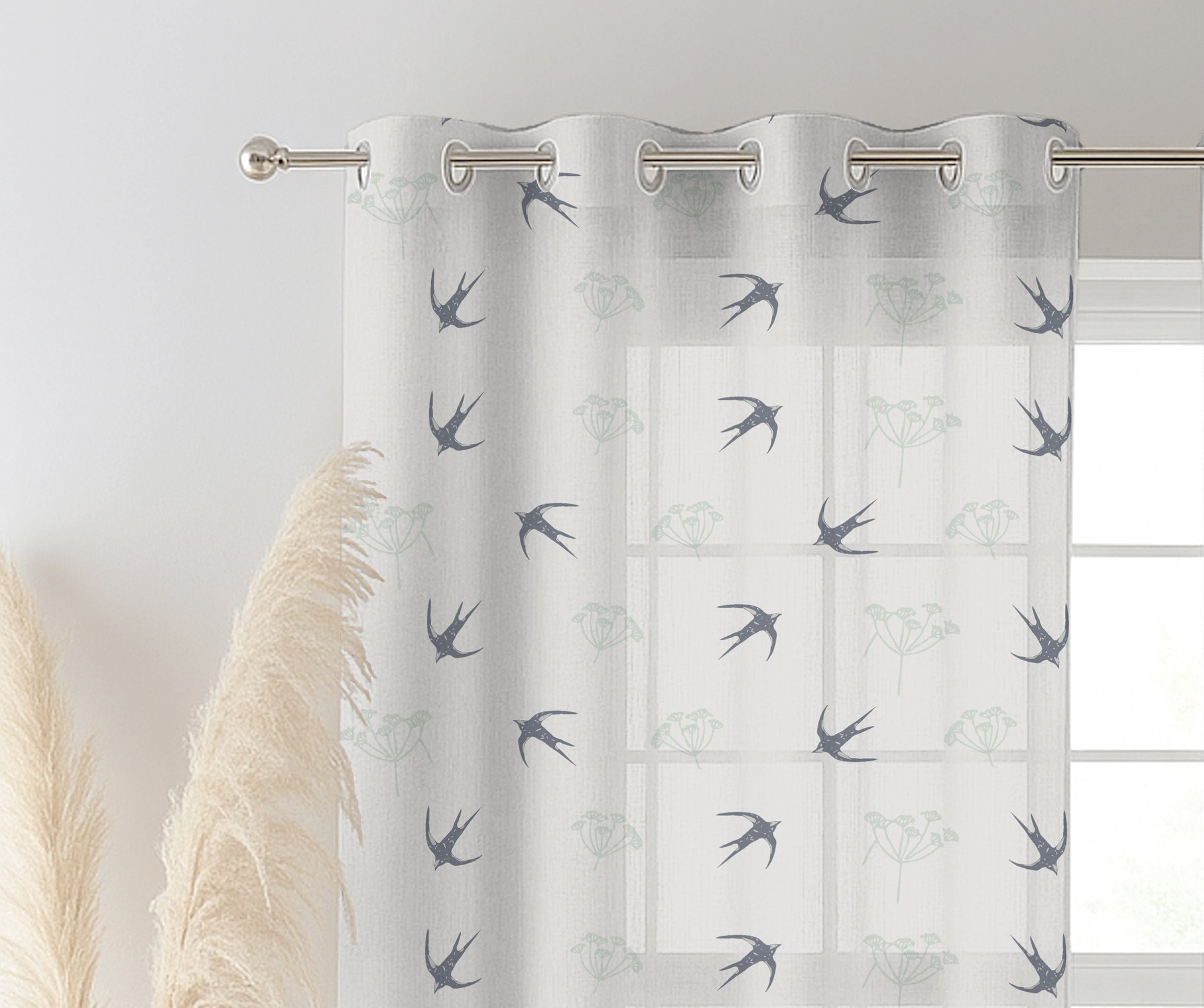FLOWERS LIGHTGREEN LINEN PRINTED SHEER CURTAIN