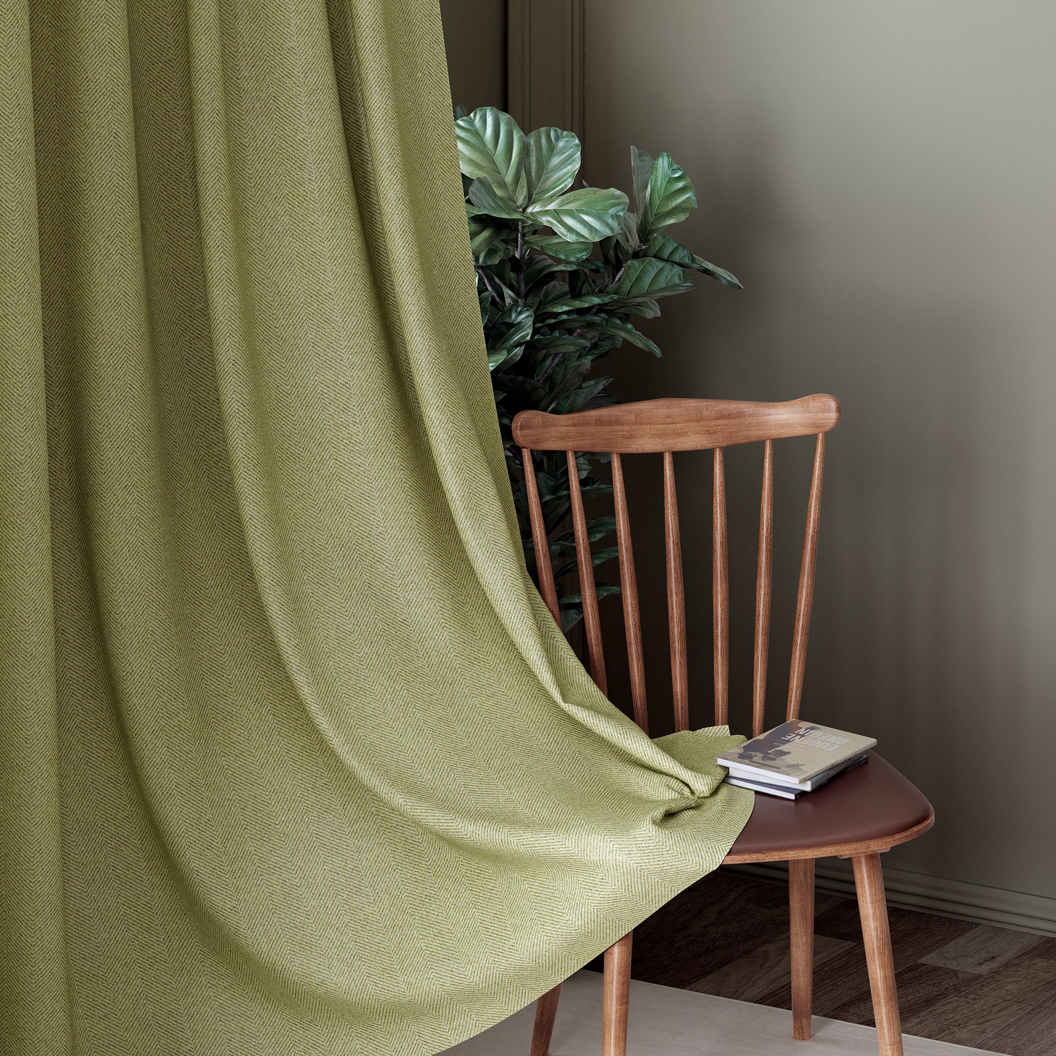 HERRINGBONE L GREEN PRINTED BLACKOUT CURTAINS