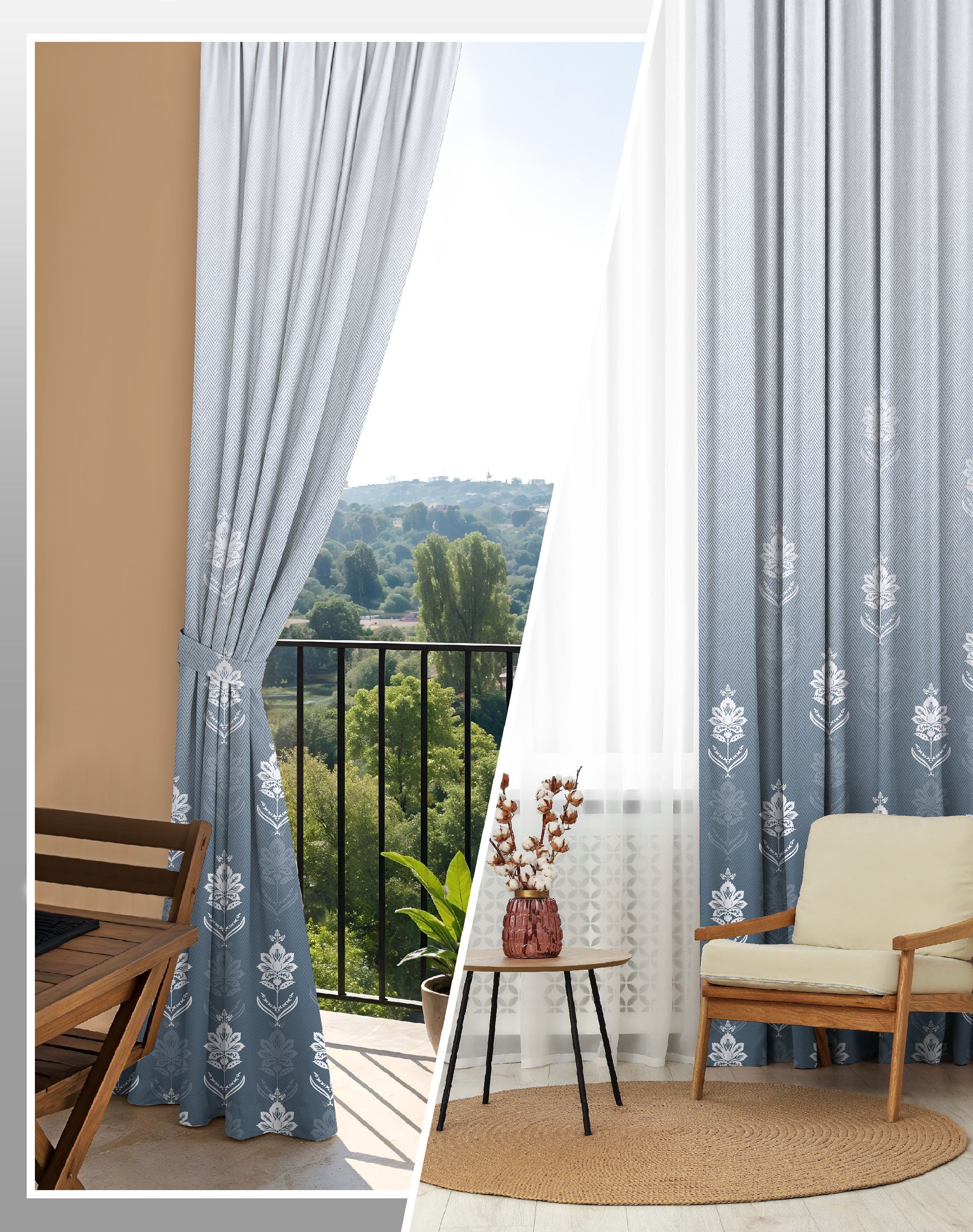 NAYRA STEEL BLUE PRINTED ROOM DARKENING CURTAIN
