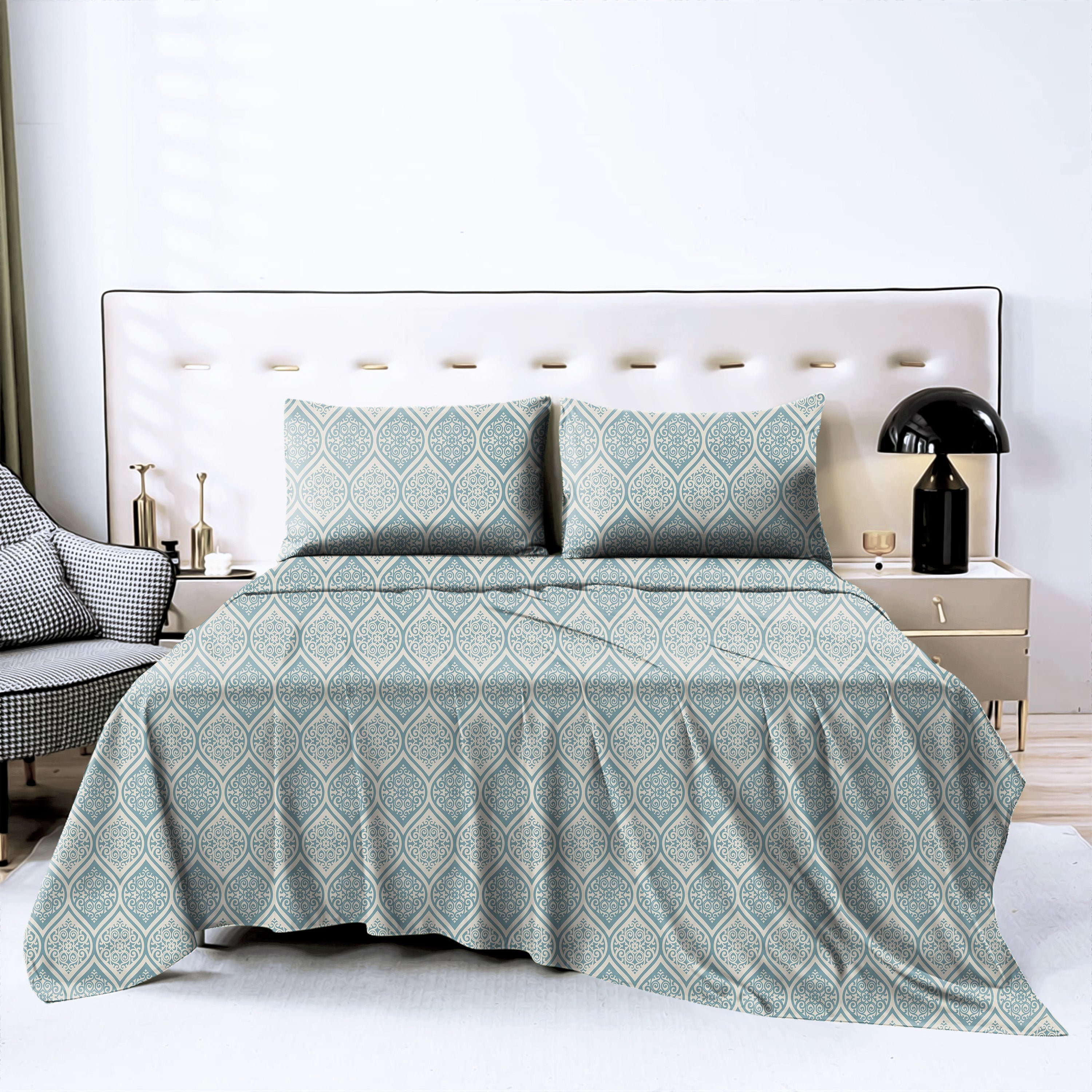 Manhattan Bluish Grey Bedcover for Double Bed with 2 Pillow Covers King Size (104" X 90")