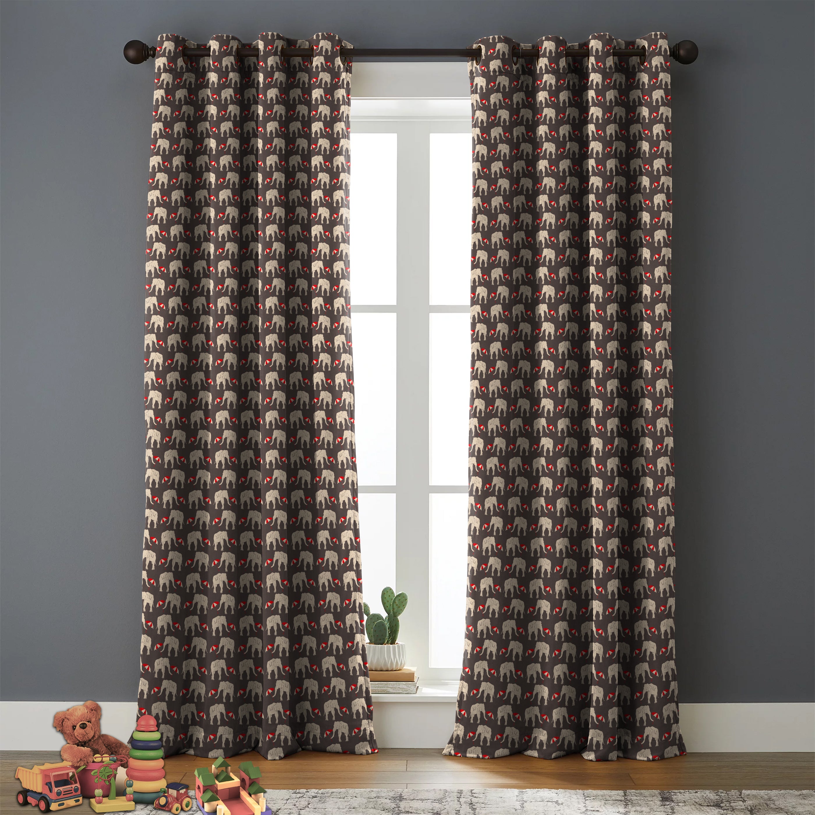 Elephant Brown Priinted Blackout Curtain