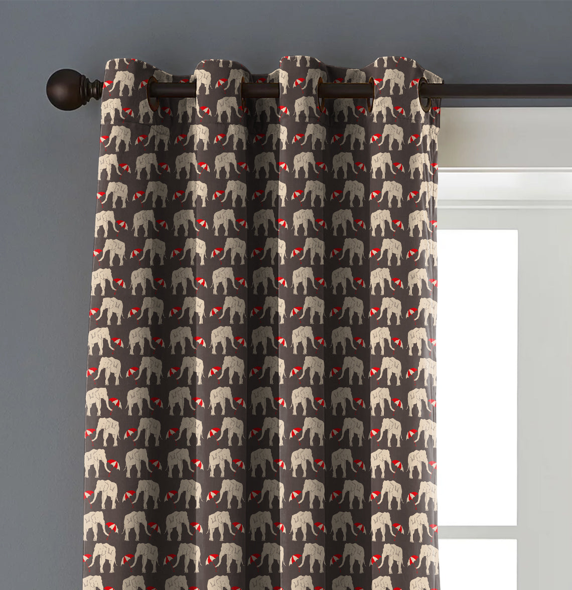 Elephant Brown Priinted Blackout Curtain