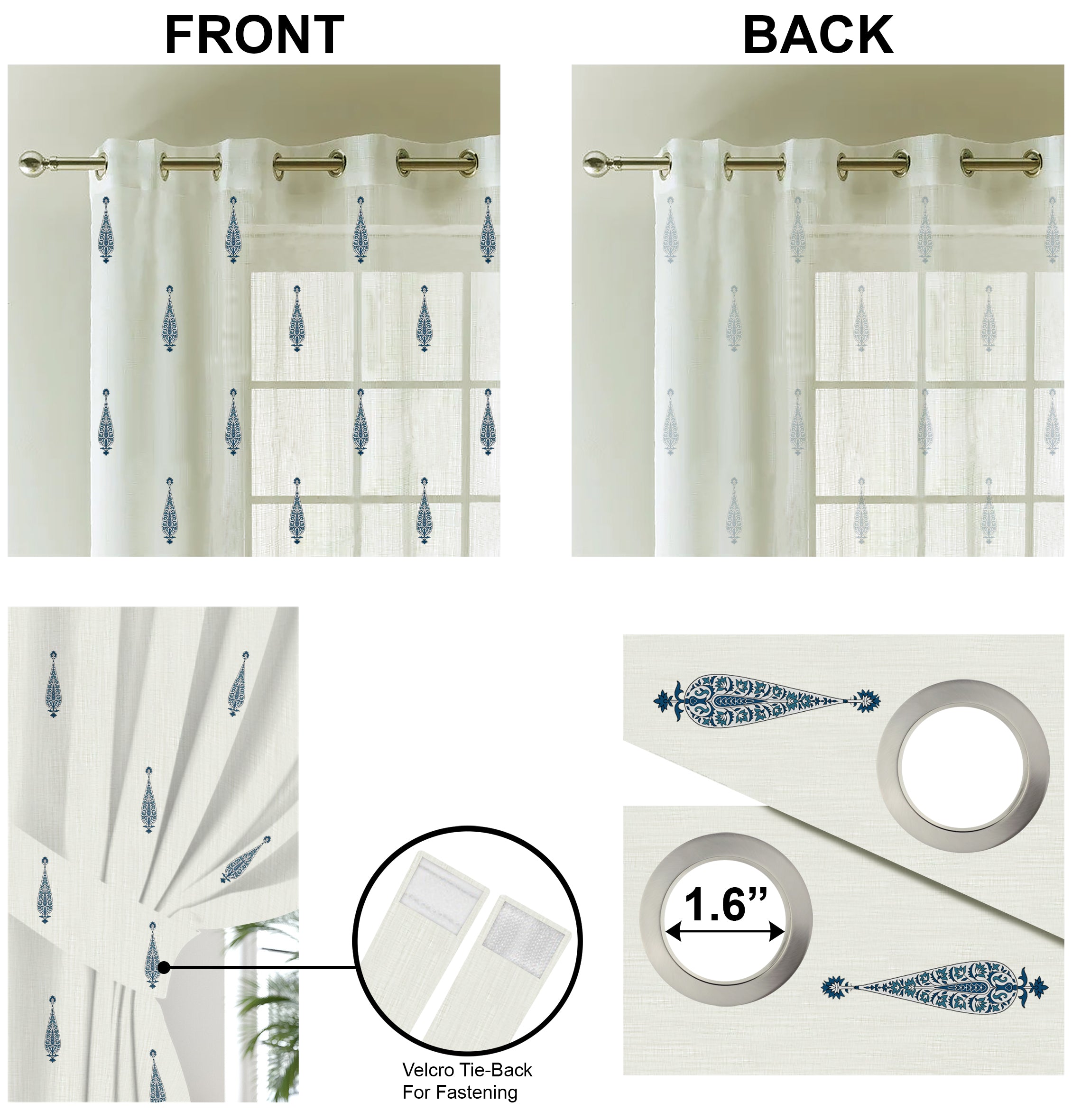 SEVILLE WHITE & BLUE PRINTED SHEER CURTAIN