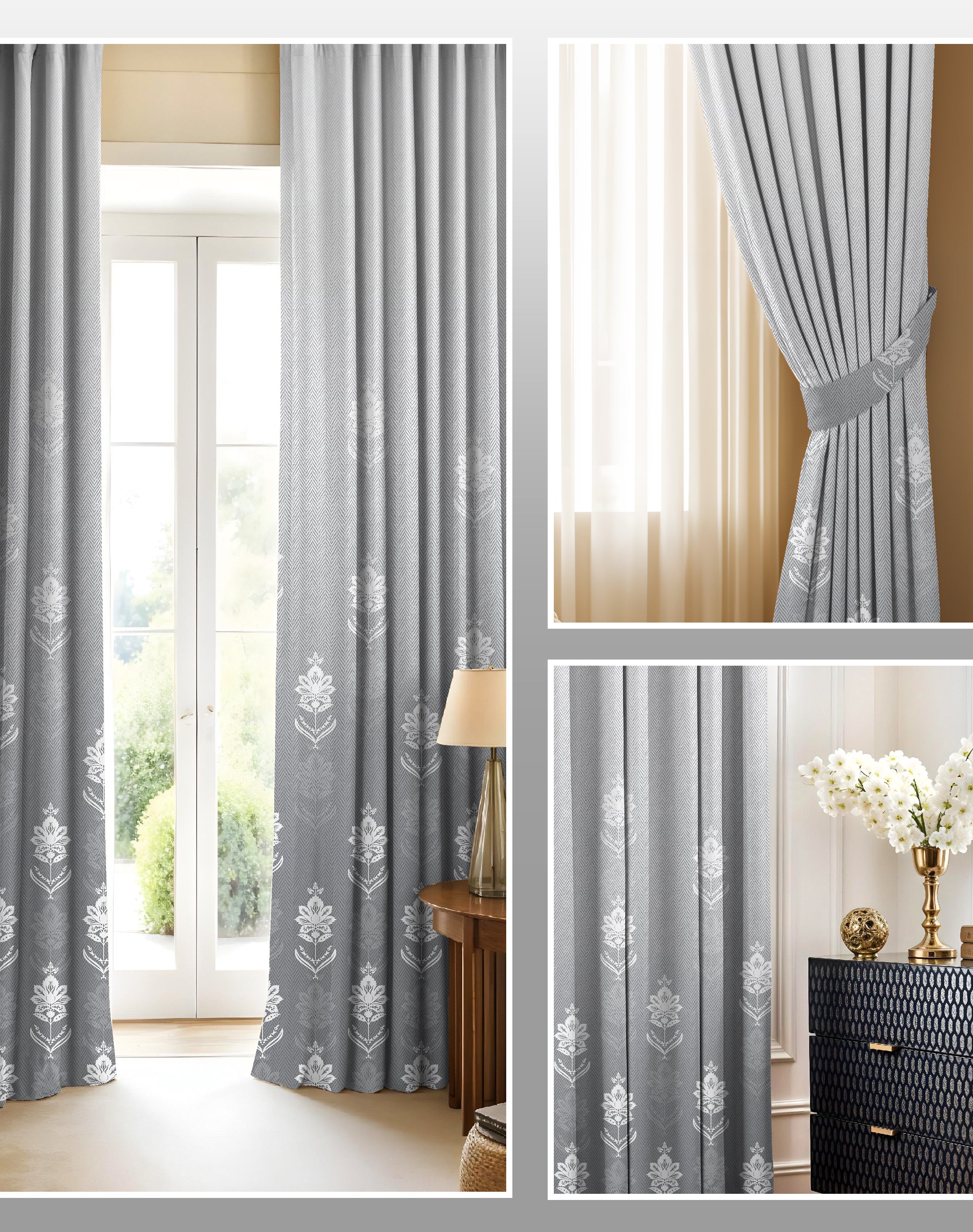 NAYRA GREY PRINTED ROOM DARKENING CURTAIN