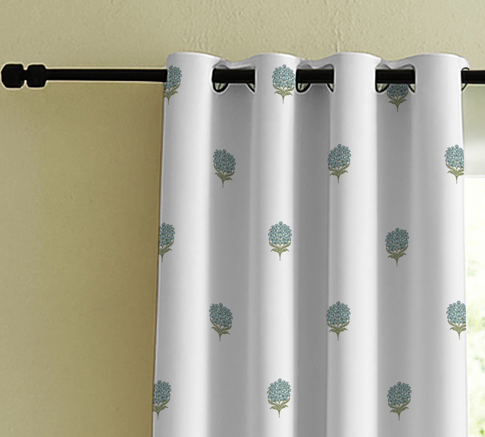 POKHARA MATTY GREEN PRINTED ROOM DARKENER/100% BLACKOUT CURTAIN
