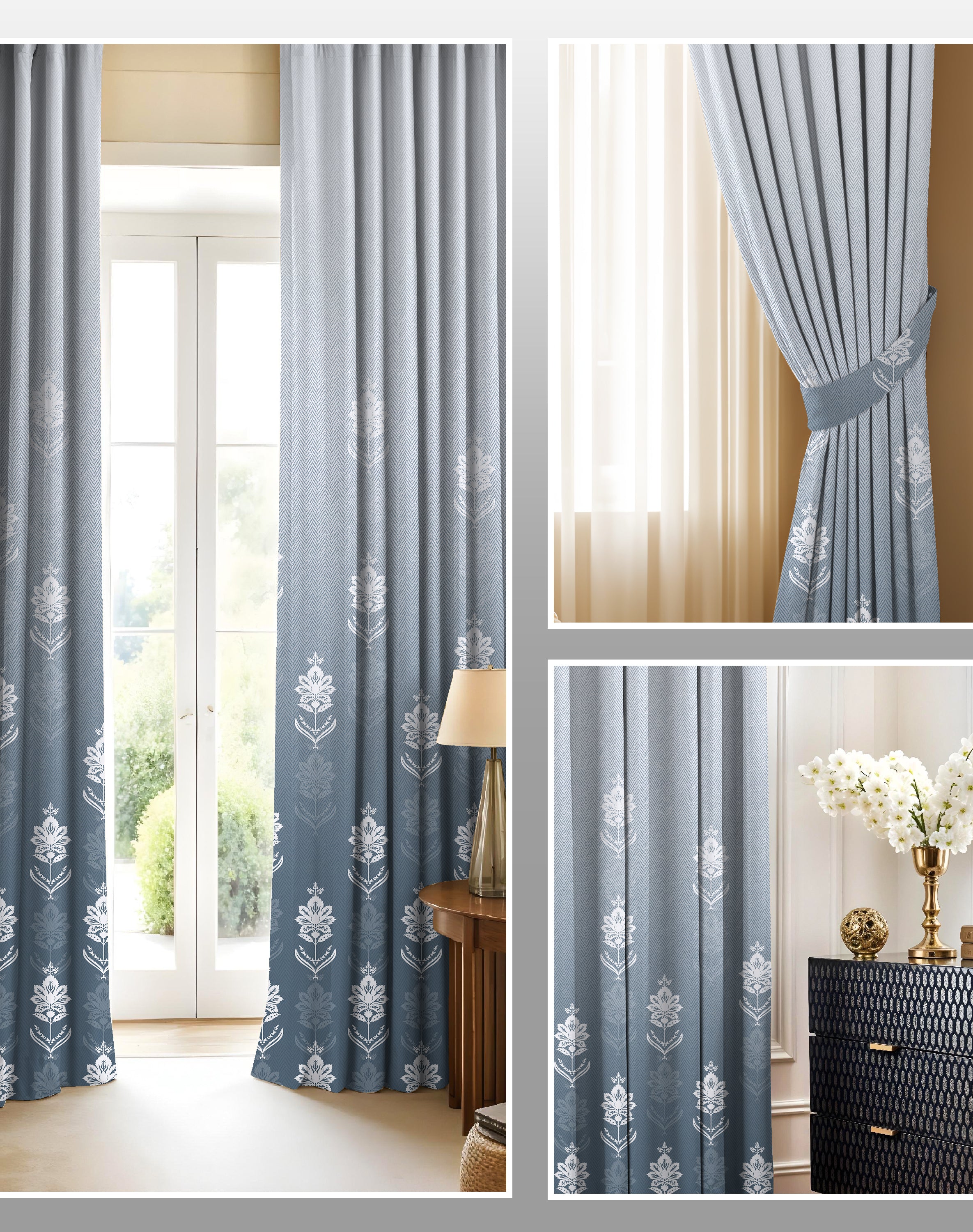 NAYRA STEEL BLUE PRINTED ROOM DARKENING CURTAIN