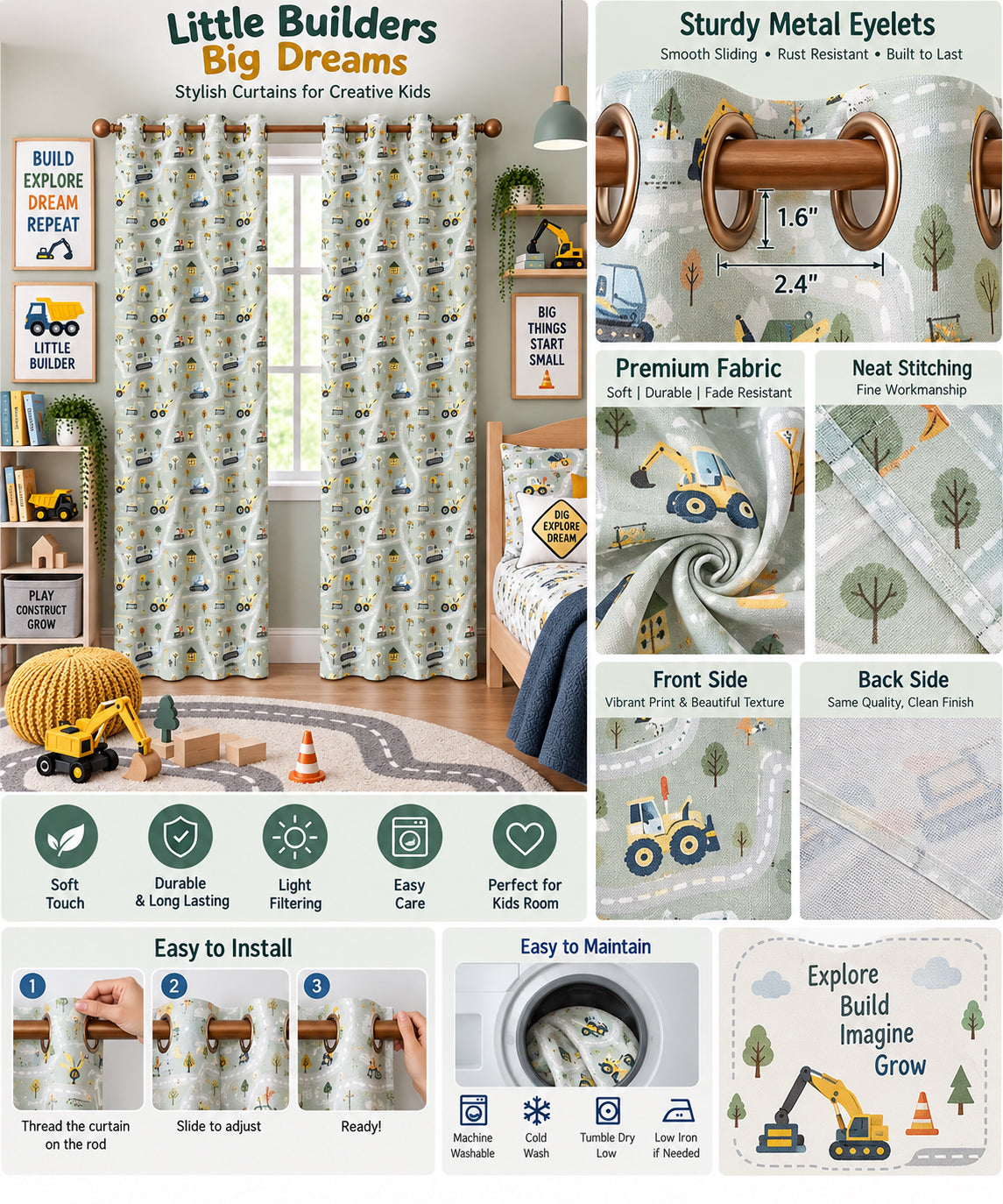 Construction Crew Printed Curtain