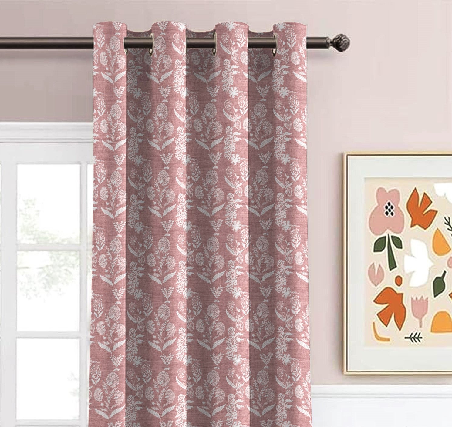 AURELIA MATTY PINK PRINTED ROOM DARKENER/100% BLACKOUT CURTAIN
