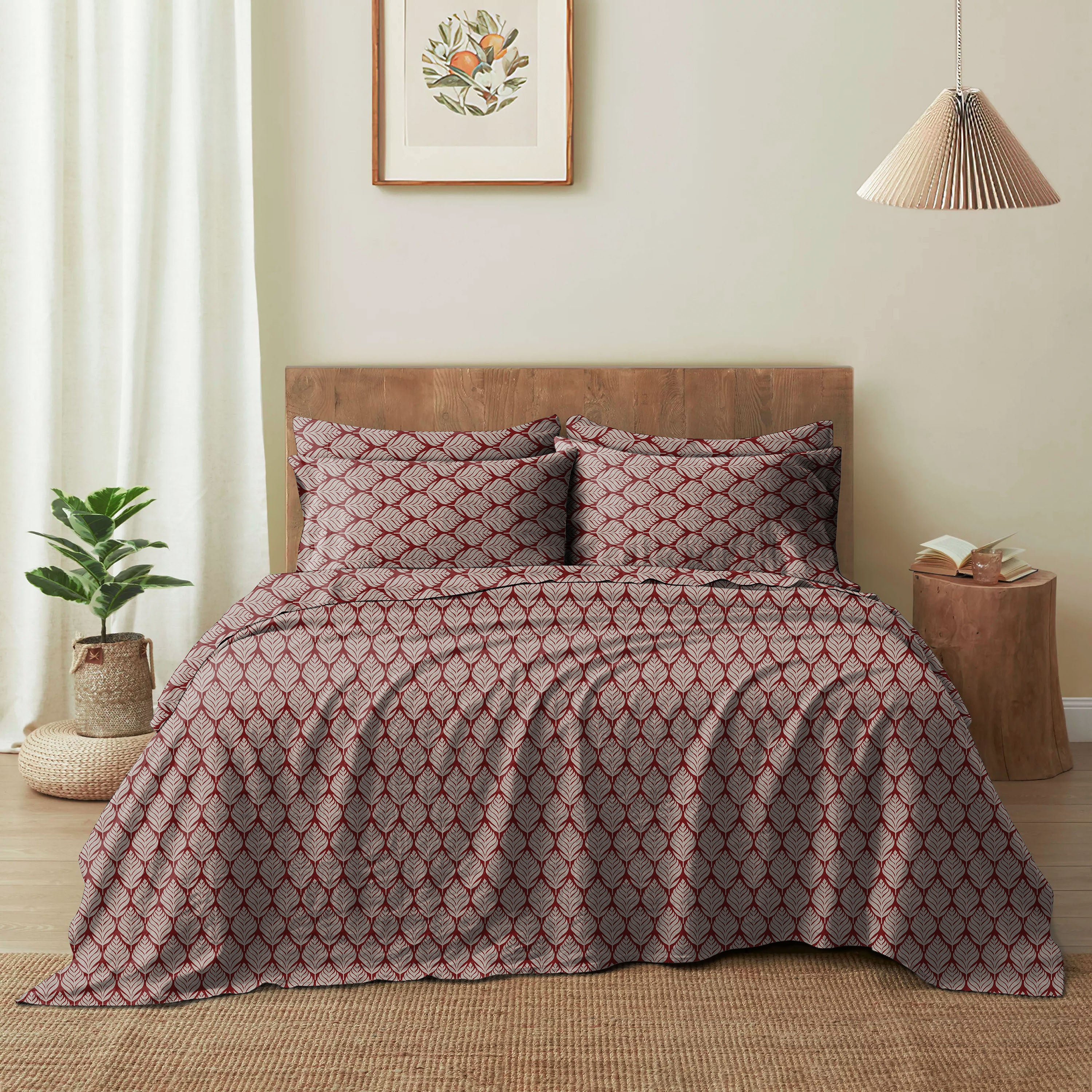 Meadow Leaf Cherrywood Bedcover for Double Bed with 2 Pillow Covers King Size (104" X 90")