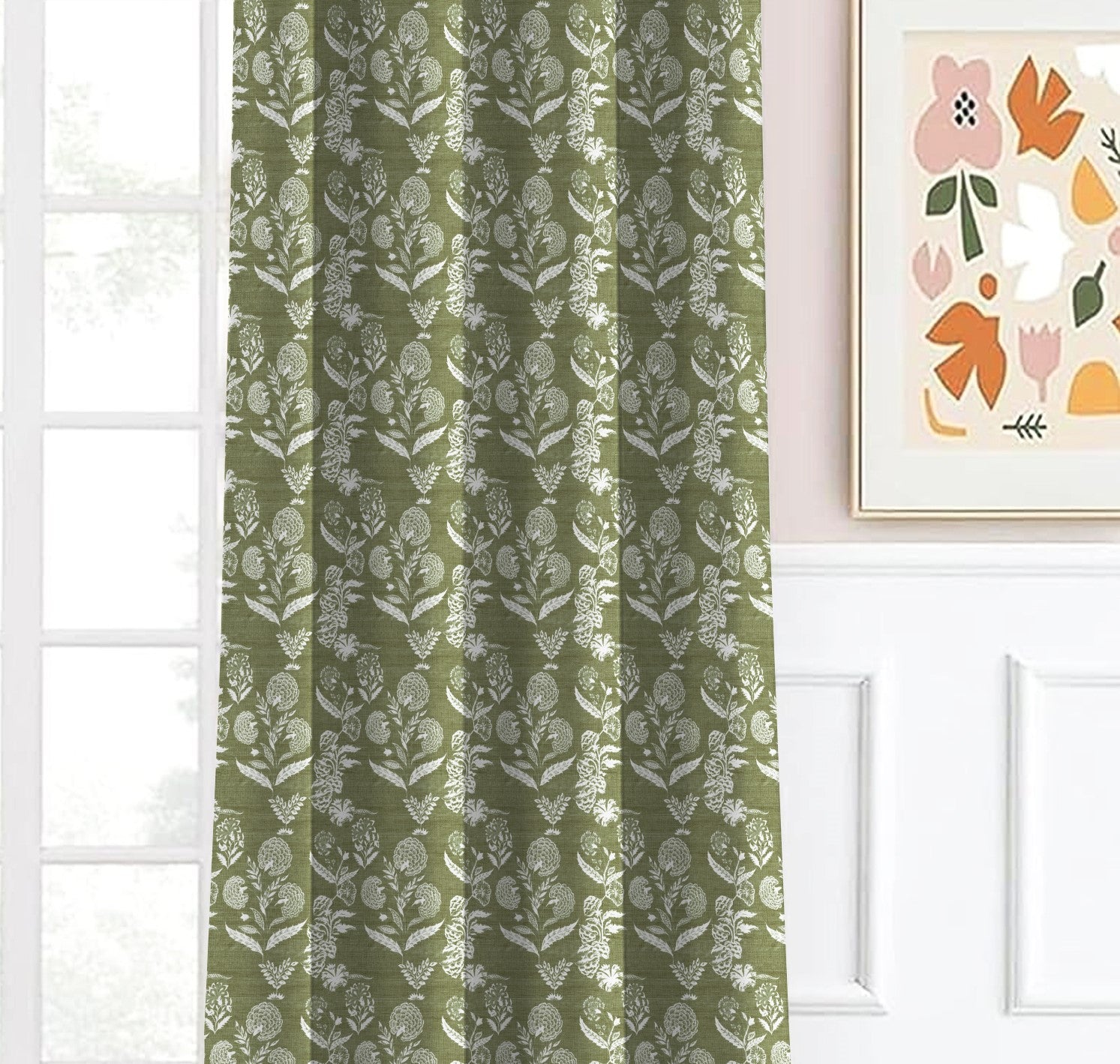 AURELIA MATTY OLIVE GREEN PRINTED ROOM DARKENER/100% BLACKOUT CURTAIN