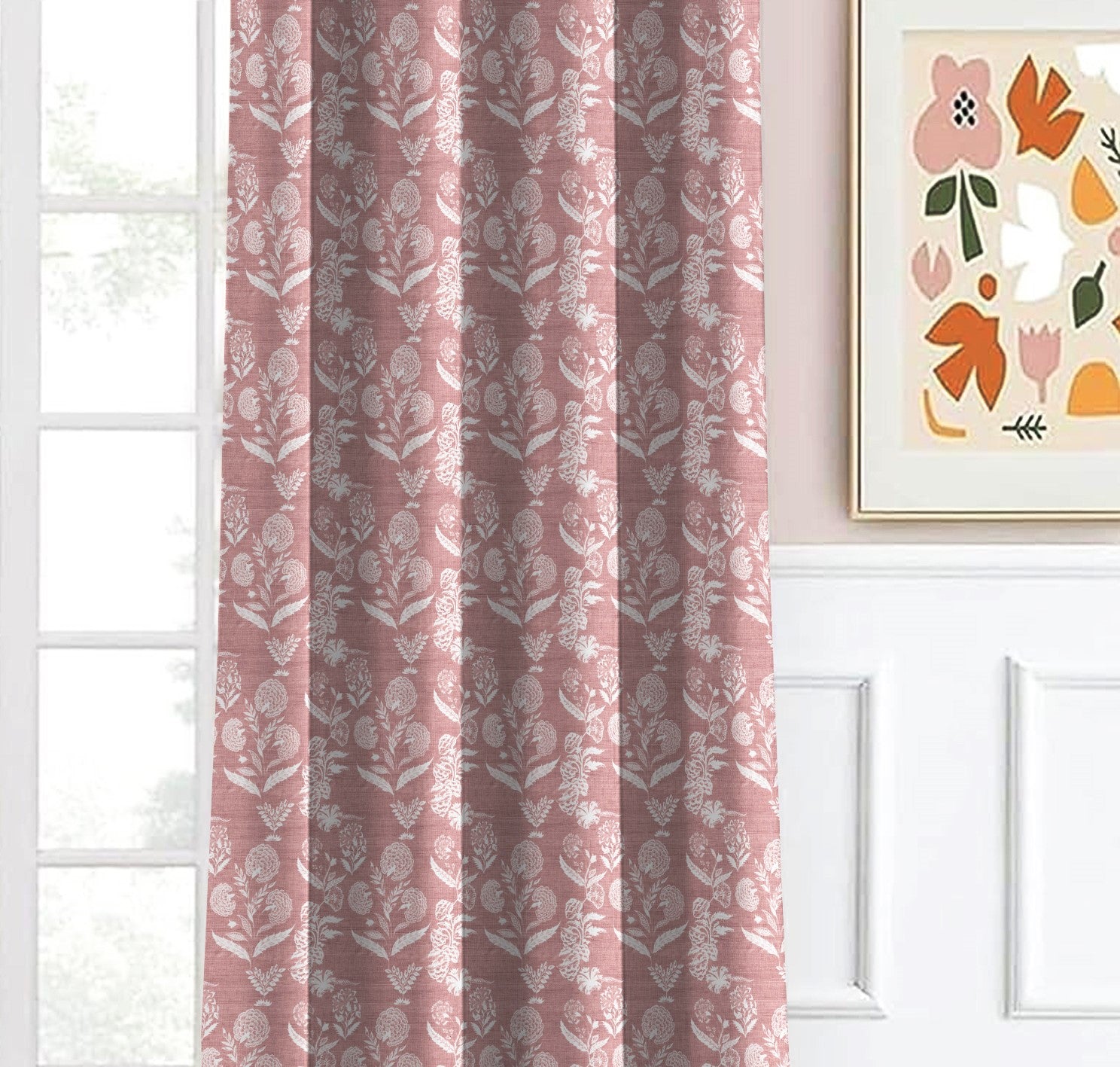 AURELIA MATTY PINK PRINTED ROOM DARKENER/100% BLACKOUT CURTAIN