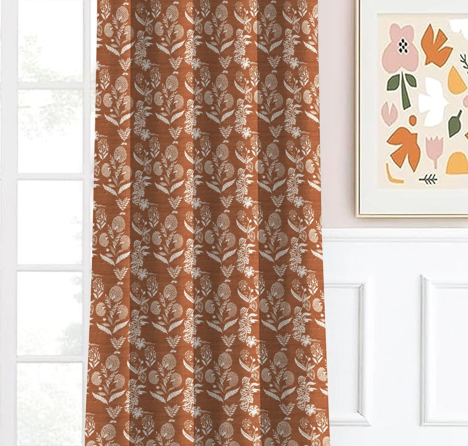 AURELIA MATTY ORANGE PRINTED ROOM DARKENER/100% BLACKOUT CURTAIN