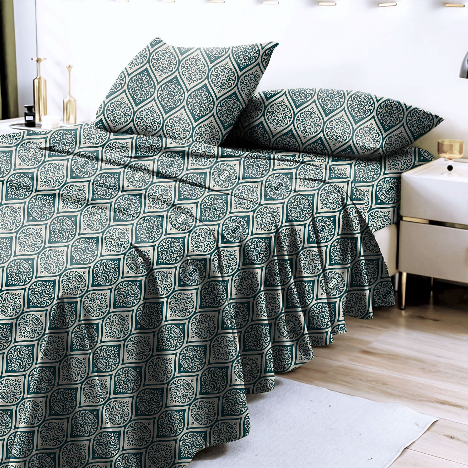 Manhattan Dark Blue Green Bedcover for Double Bed with 2 Pillow Covers King Size (104" X 90")