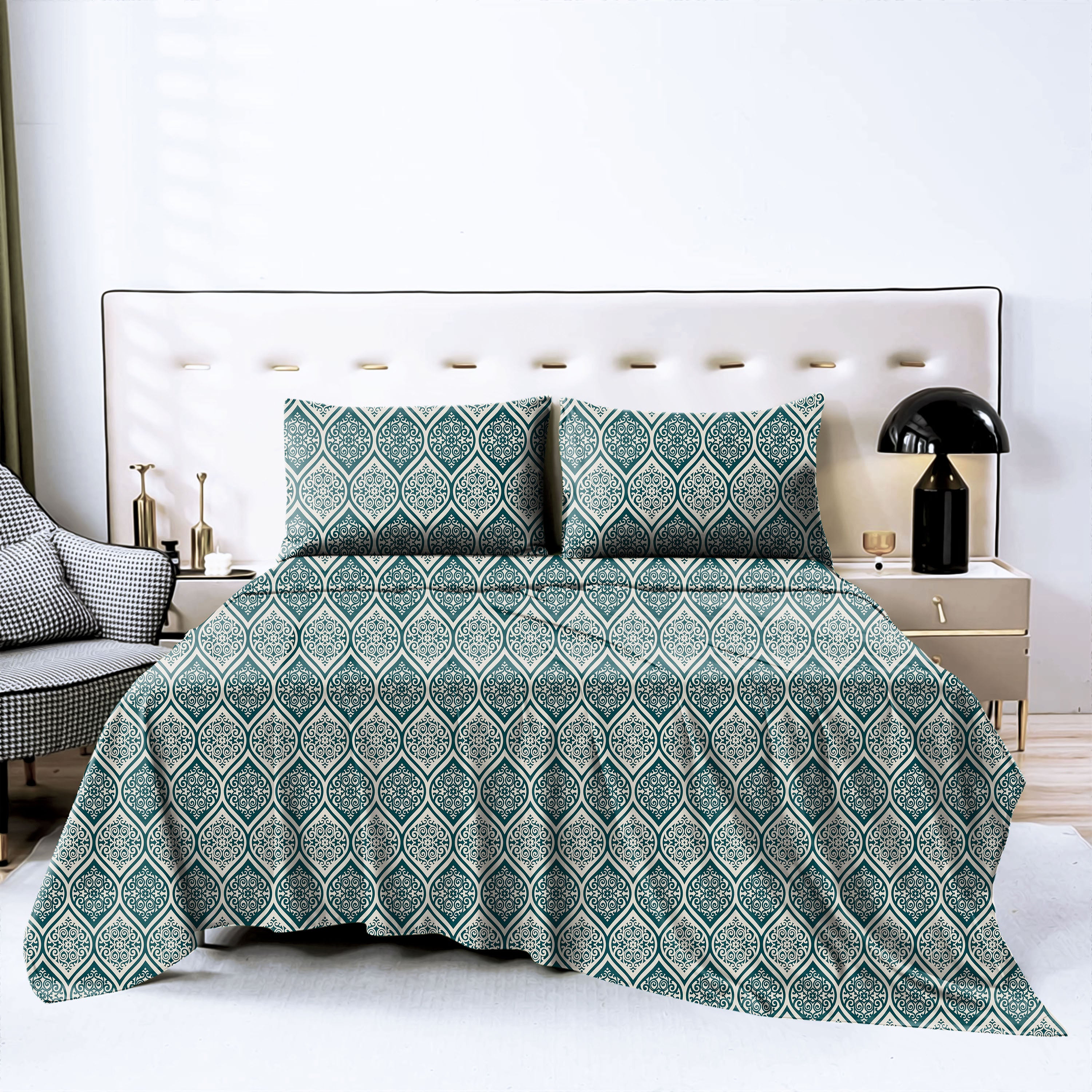 Manhattan Dark Blue Green Bedcover for Double Bed with 2 Pillow Covers King Size (104" X 90")