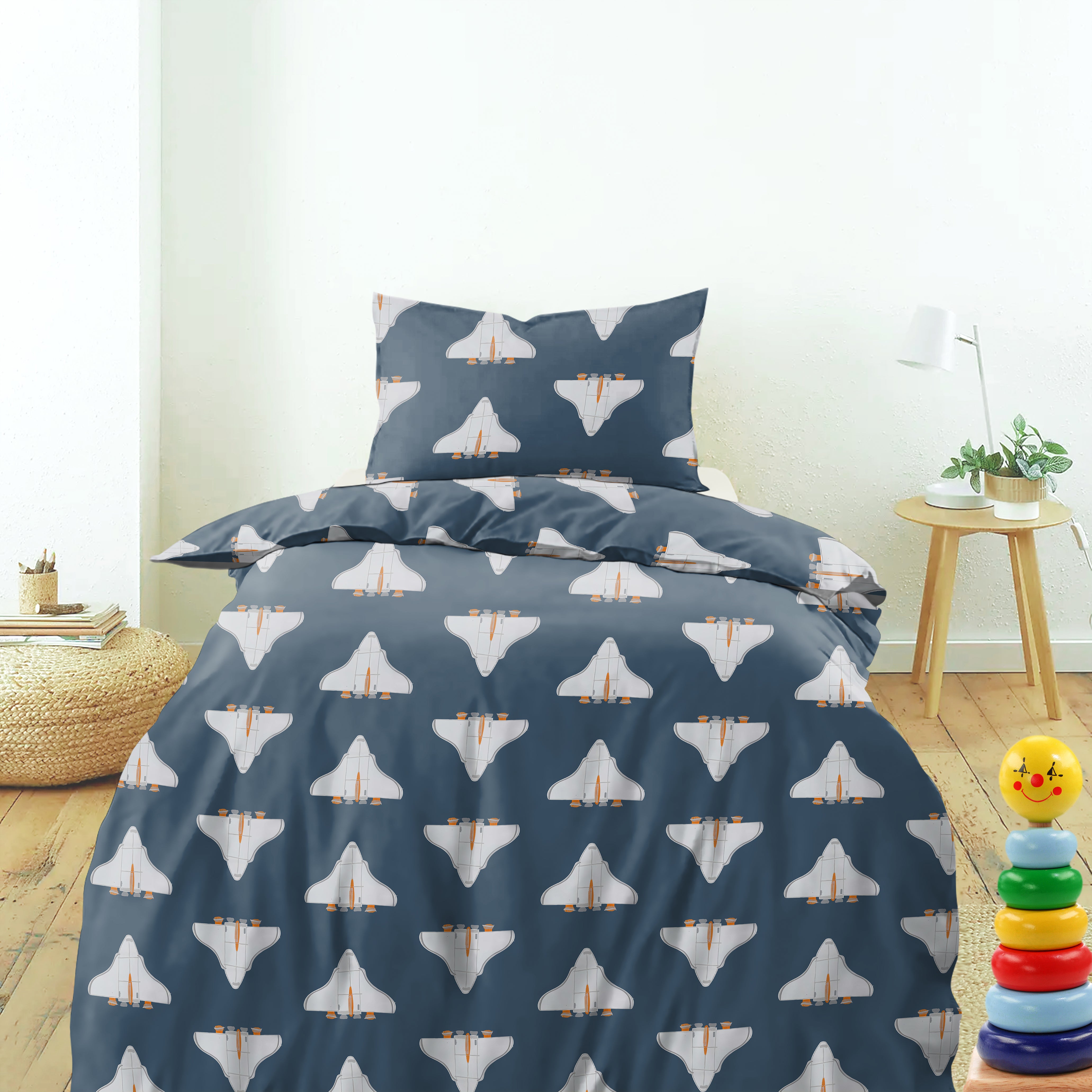 CASABLEU MICROFIBER JETS DARK GREY BLUE BEDCOVER FOR SINGLE BED WITH PILLOW COVERS KING SIZE (60" X 90")