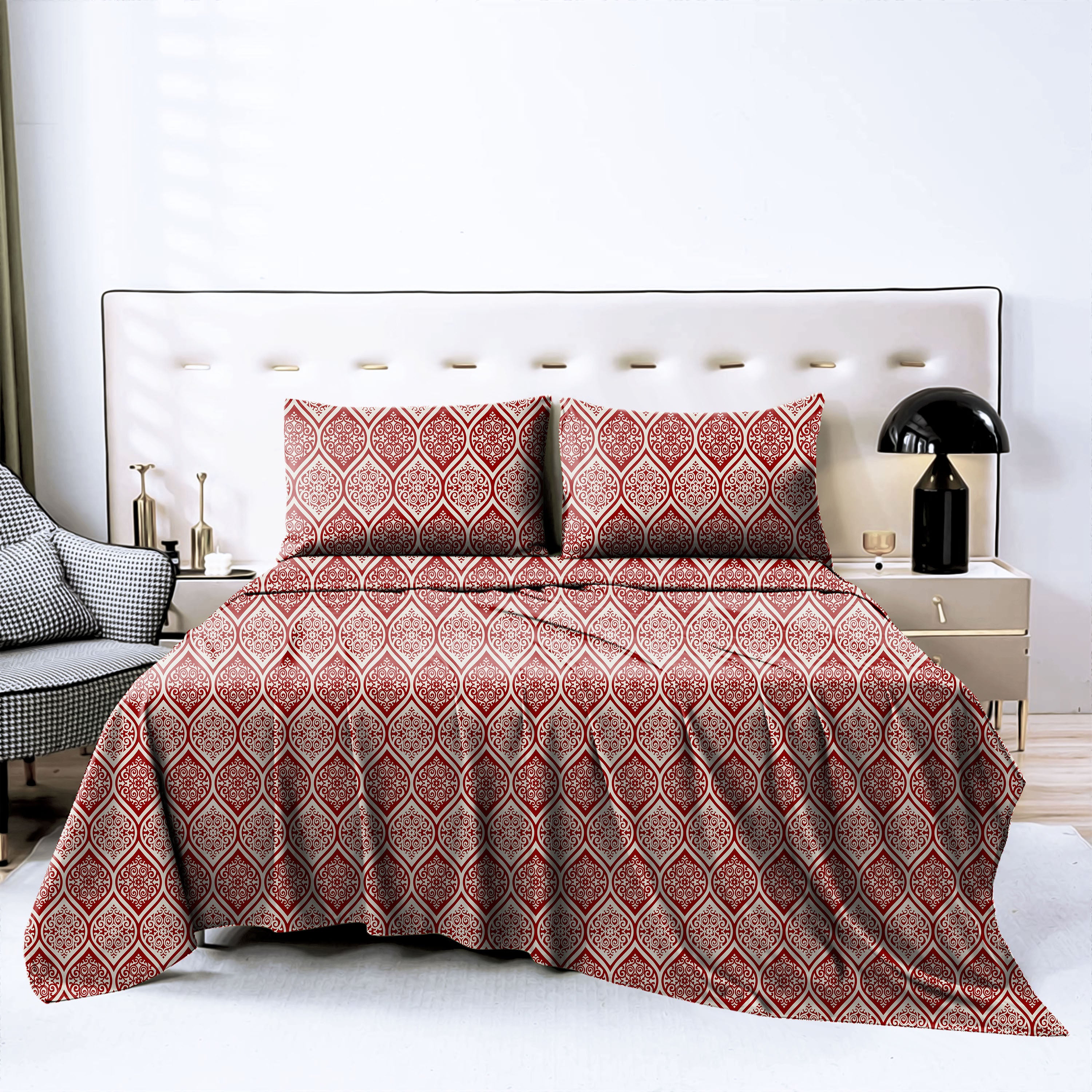Manhattan Dark Red Bedcover for Double Bed with 2 Pillow Covers King Size (104" X 90")