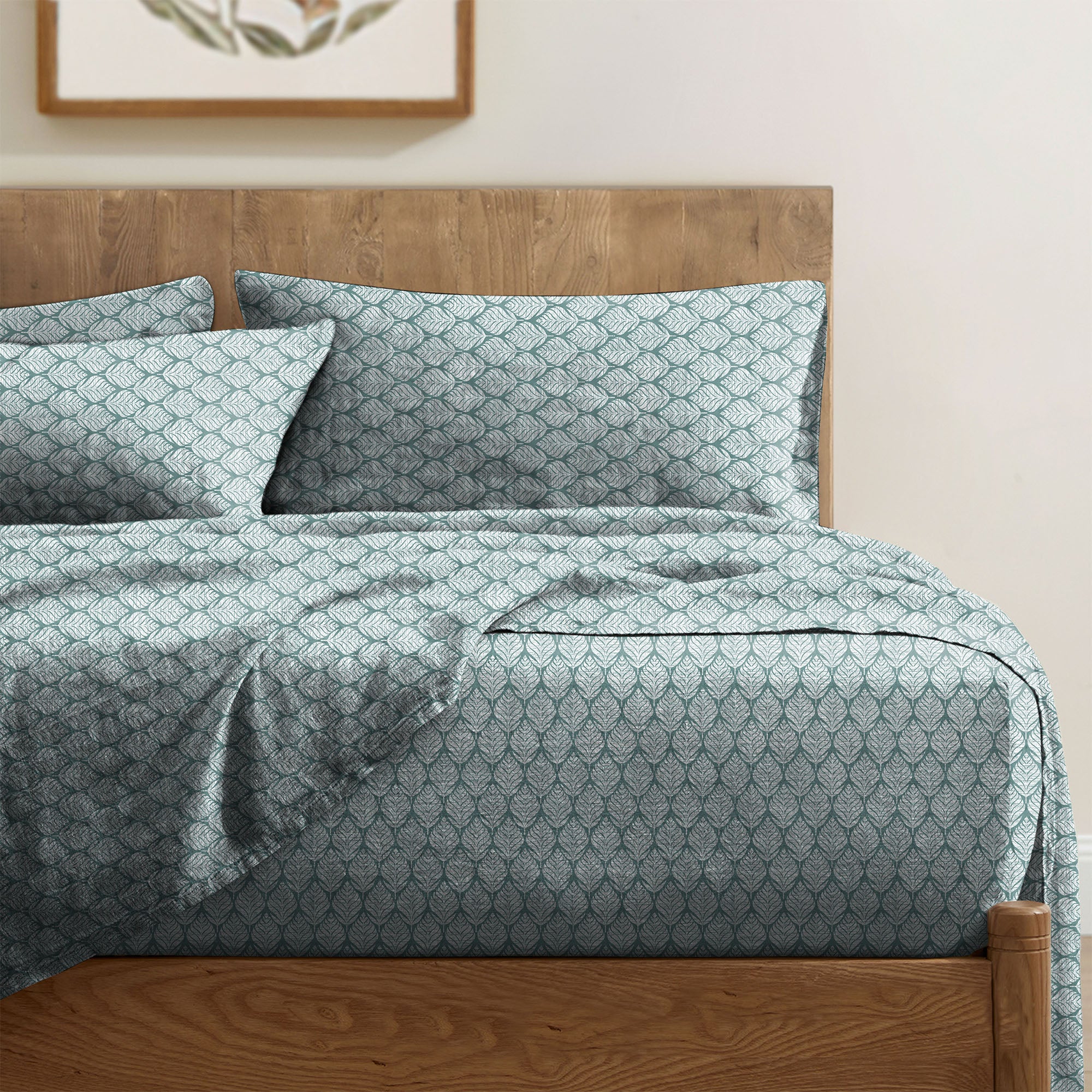 Meadow Leaf Dark Sea Green Bedcover for Double Bed with 2 Pillow Covers King Size (104" X 90")