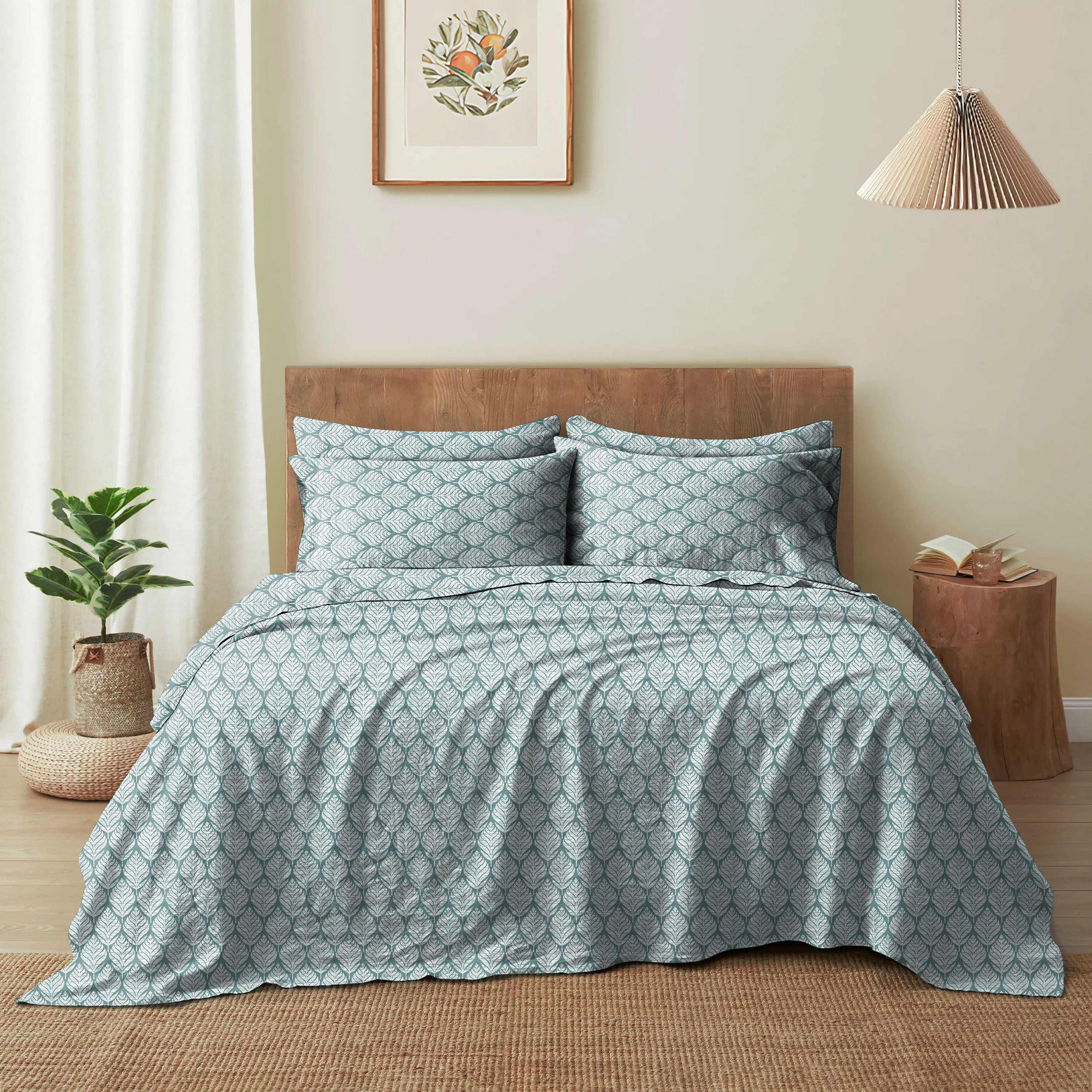 Meadow Leaf Dark Sea Green Bedcover for Double Bed with 2 Pillow Covers King Size (104" X 90")