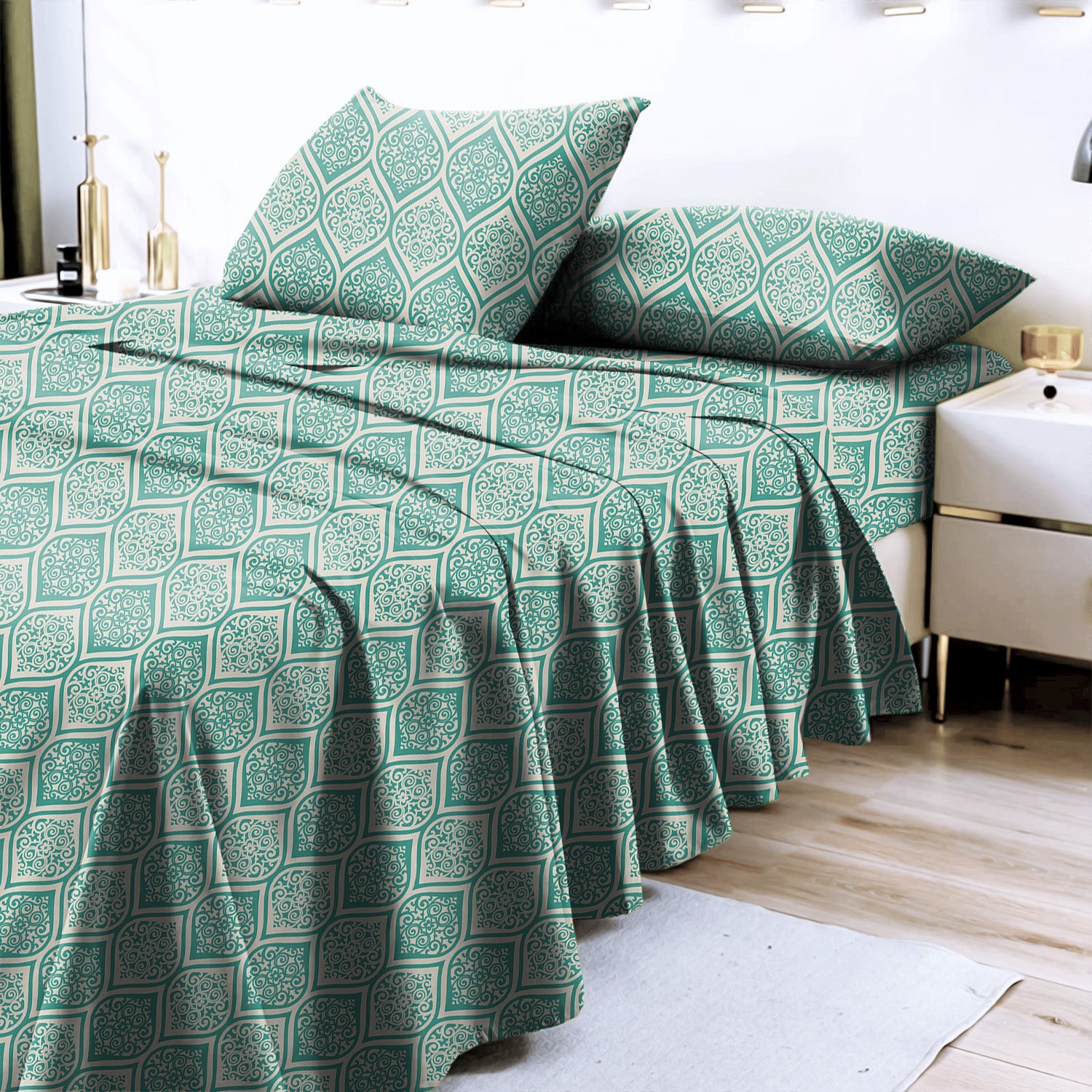 Manhattan Dusty Teal Bedcover for Double Bed with 2 Pillow Covers King Size (104" X 90")