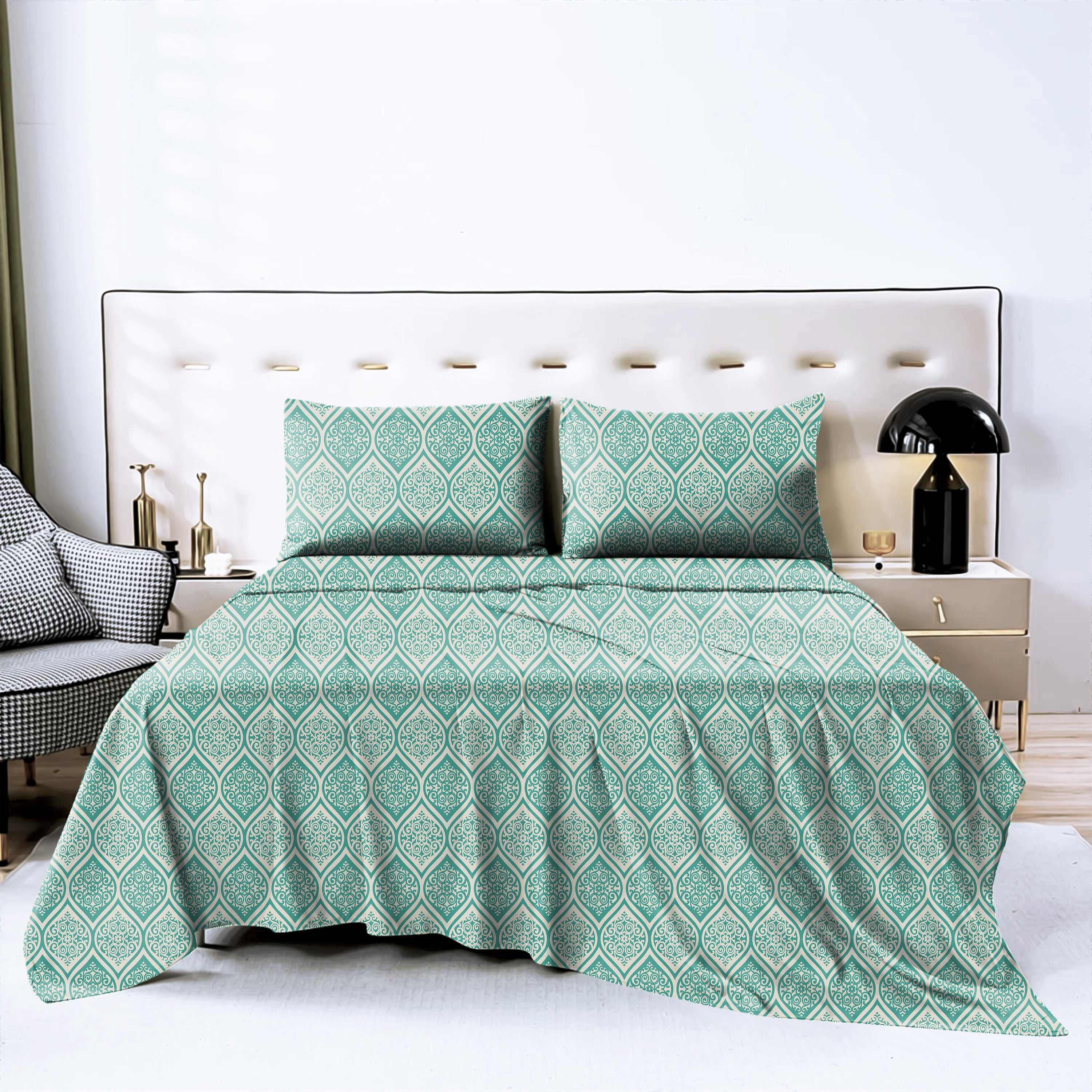 Manhattan Dusty Teal Bedcover for Double Bed with 2 Pillow Covers King Size (104" X 90")