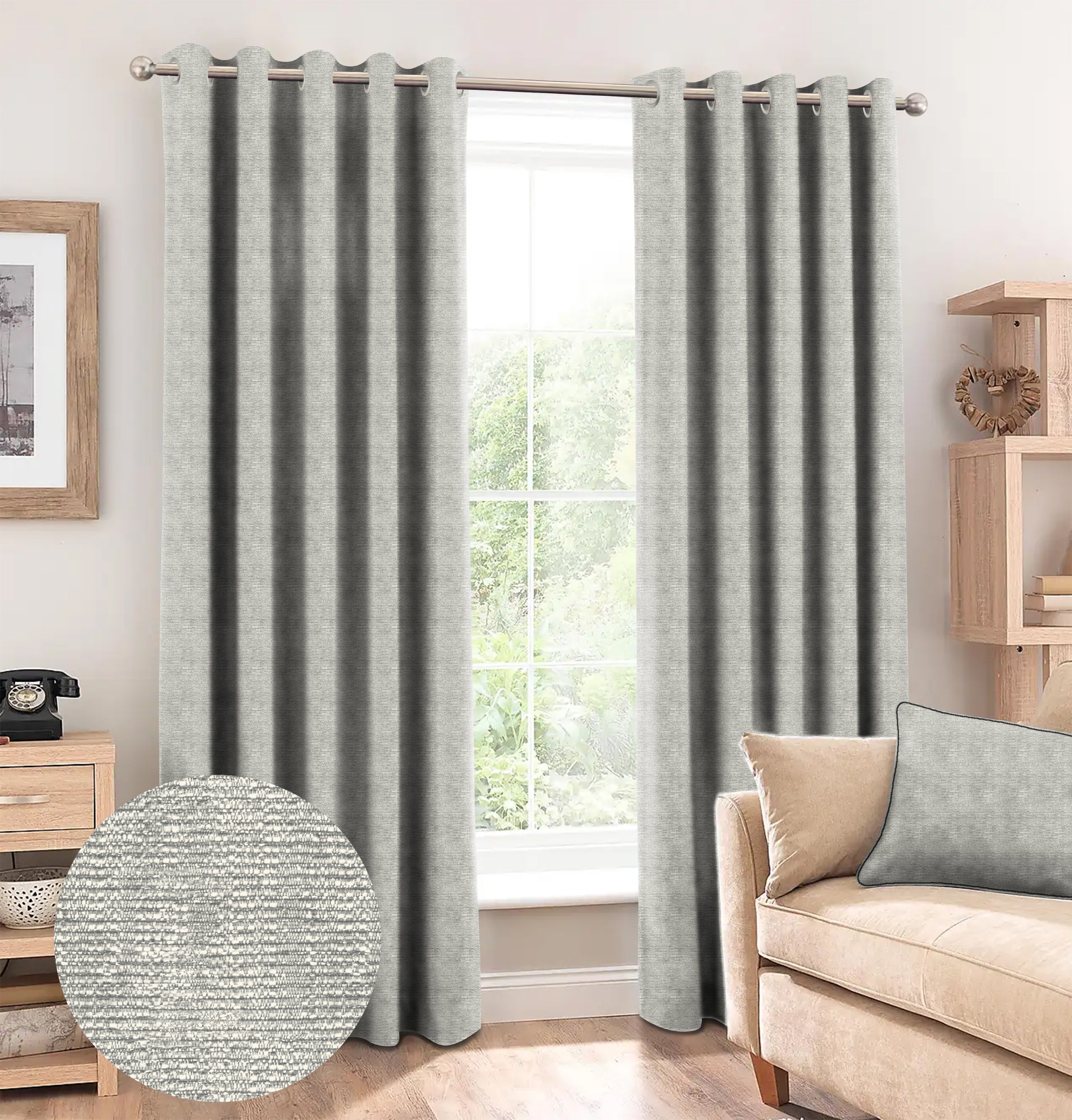 SUNBLOCK SLUBBY GREY PRINTED BLACKOUT CURTAIN