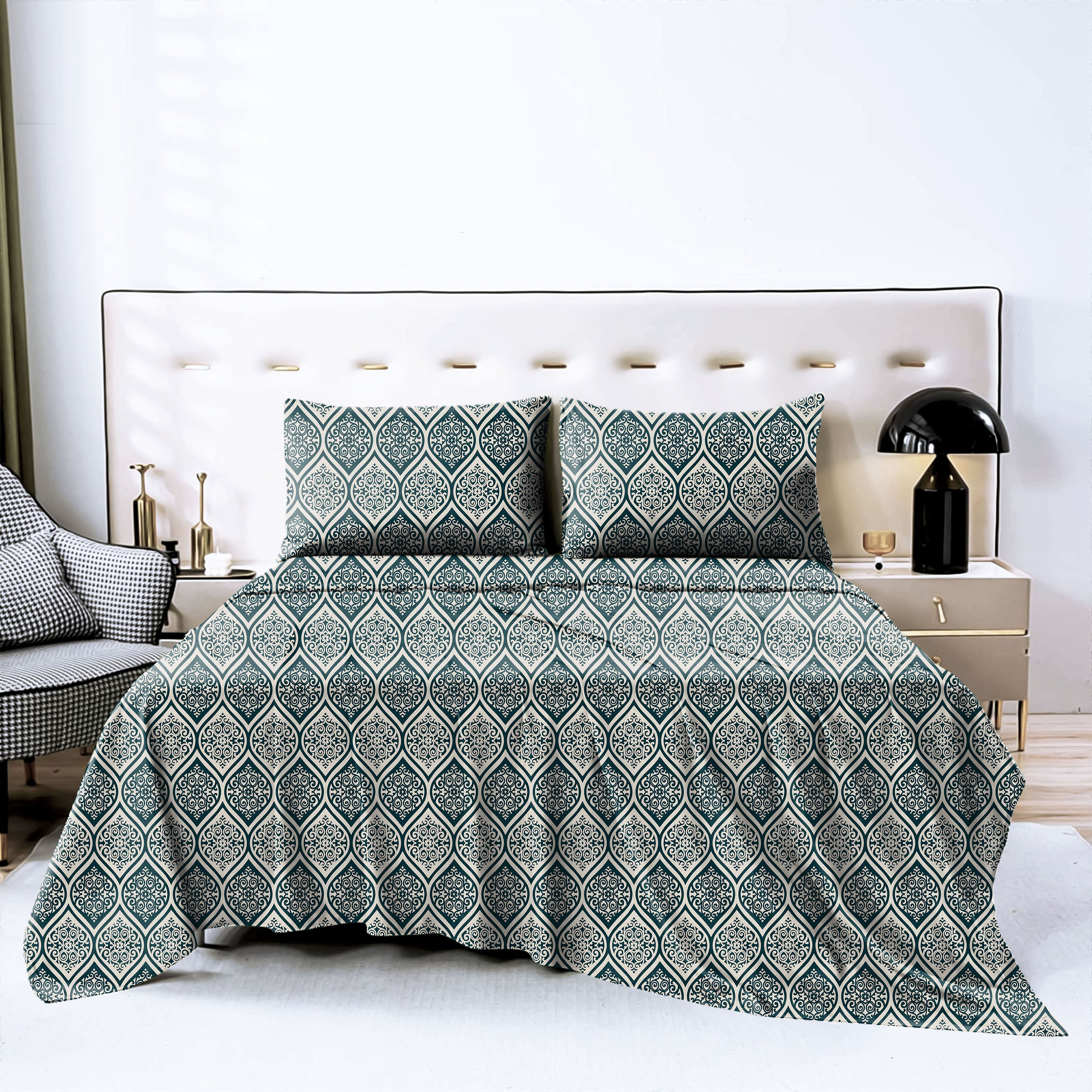 Manhattan Gable Green Bedcover for Double Bed with 2 Pillow Covers King Size (104" X 90")
