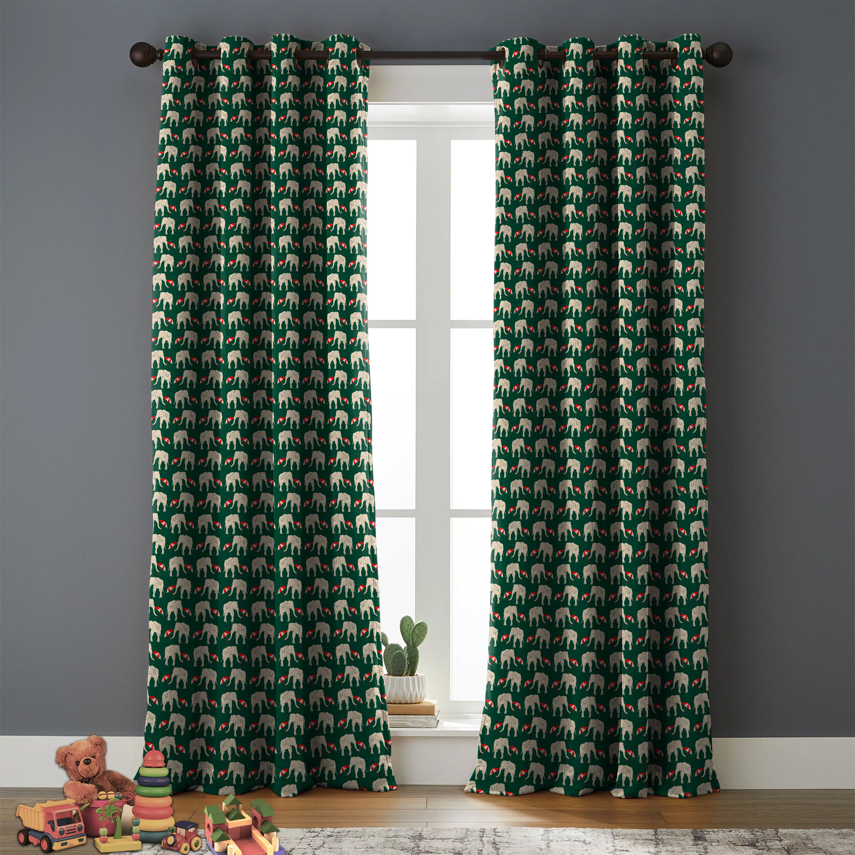 Elephant Green Printed Blackout Curtain