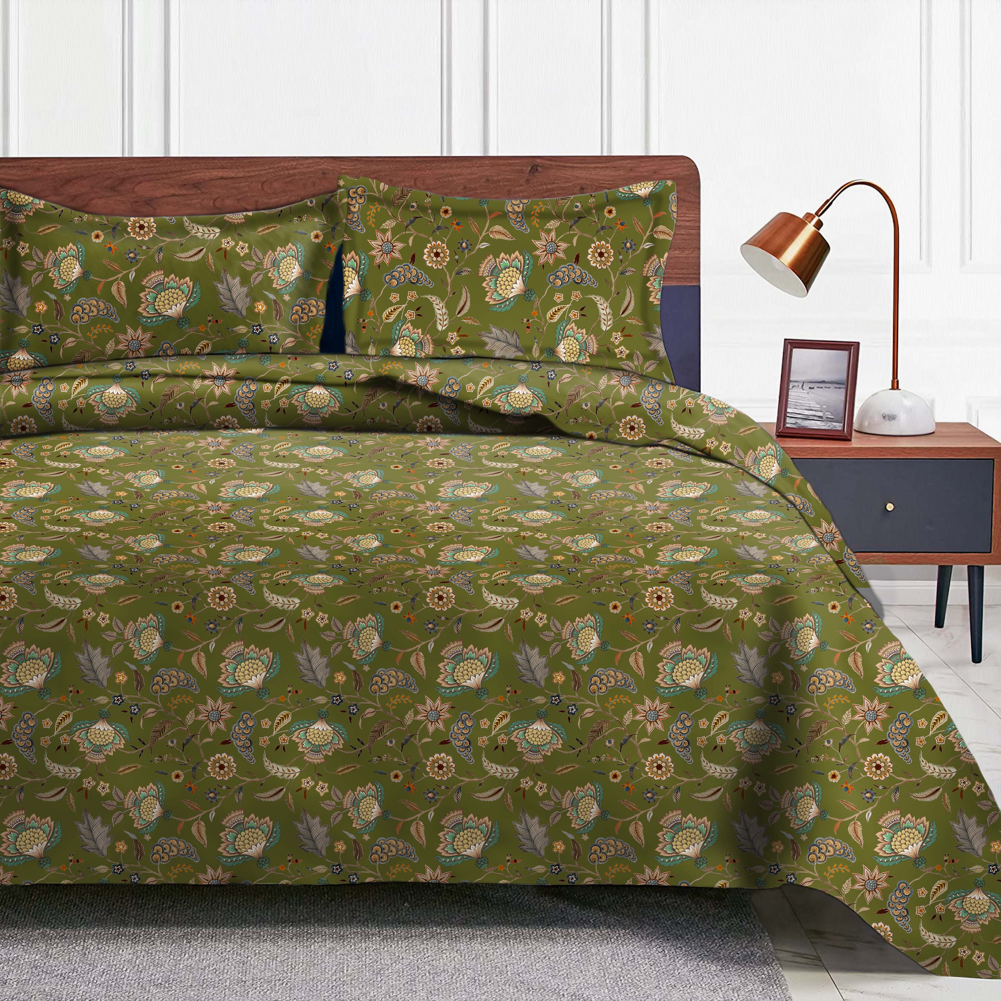 Kasbah Green Bedsheet for Double Bed with 2 Pillow Covers Size (104" X 90")