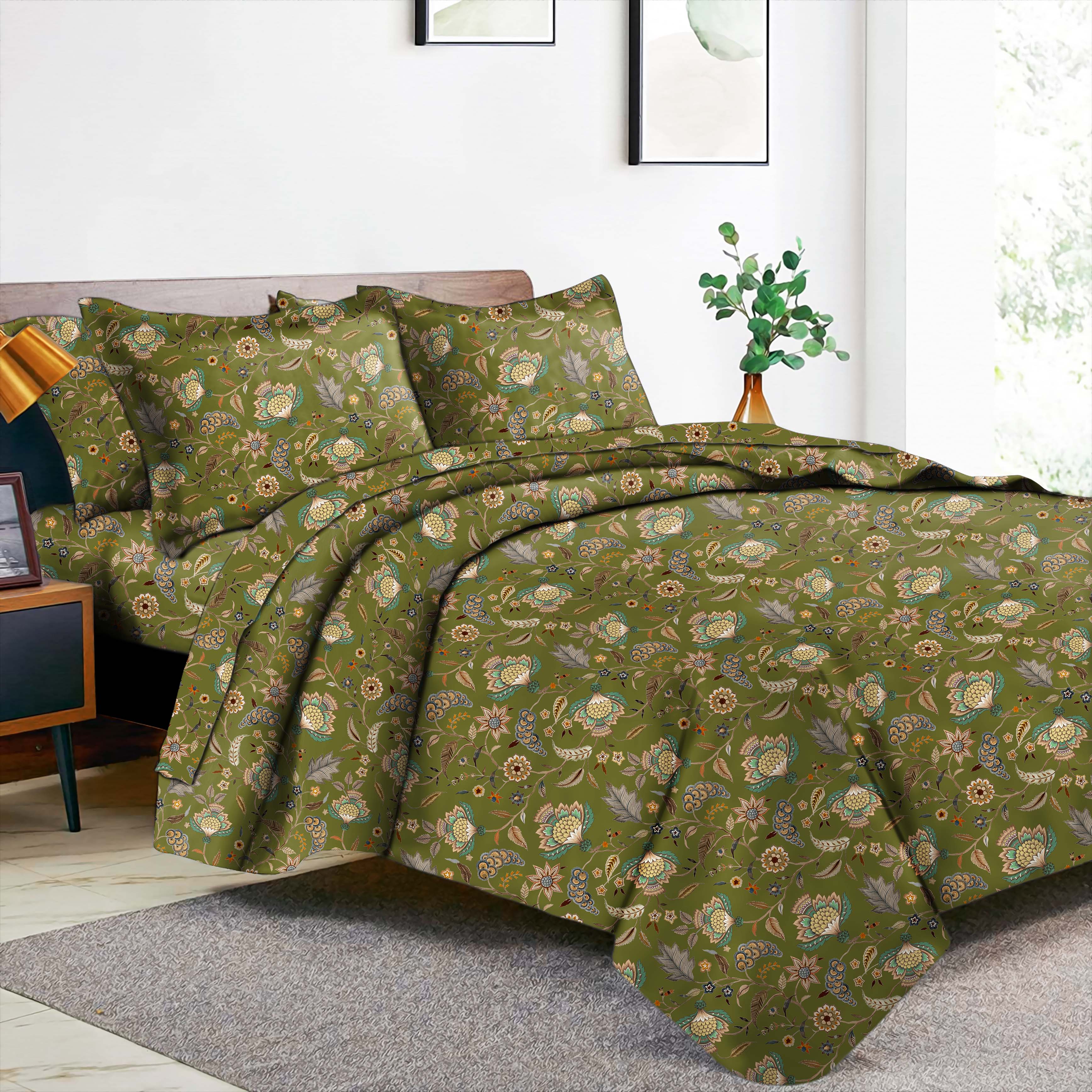 Kasbah Green Bedsheet for Double Bed with 2 Pillow Covers Size (104" X 90")