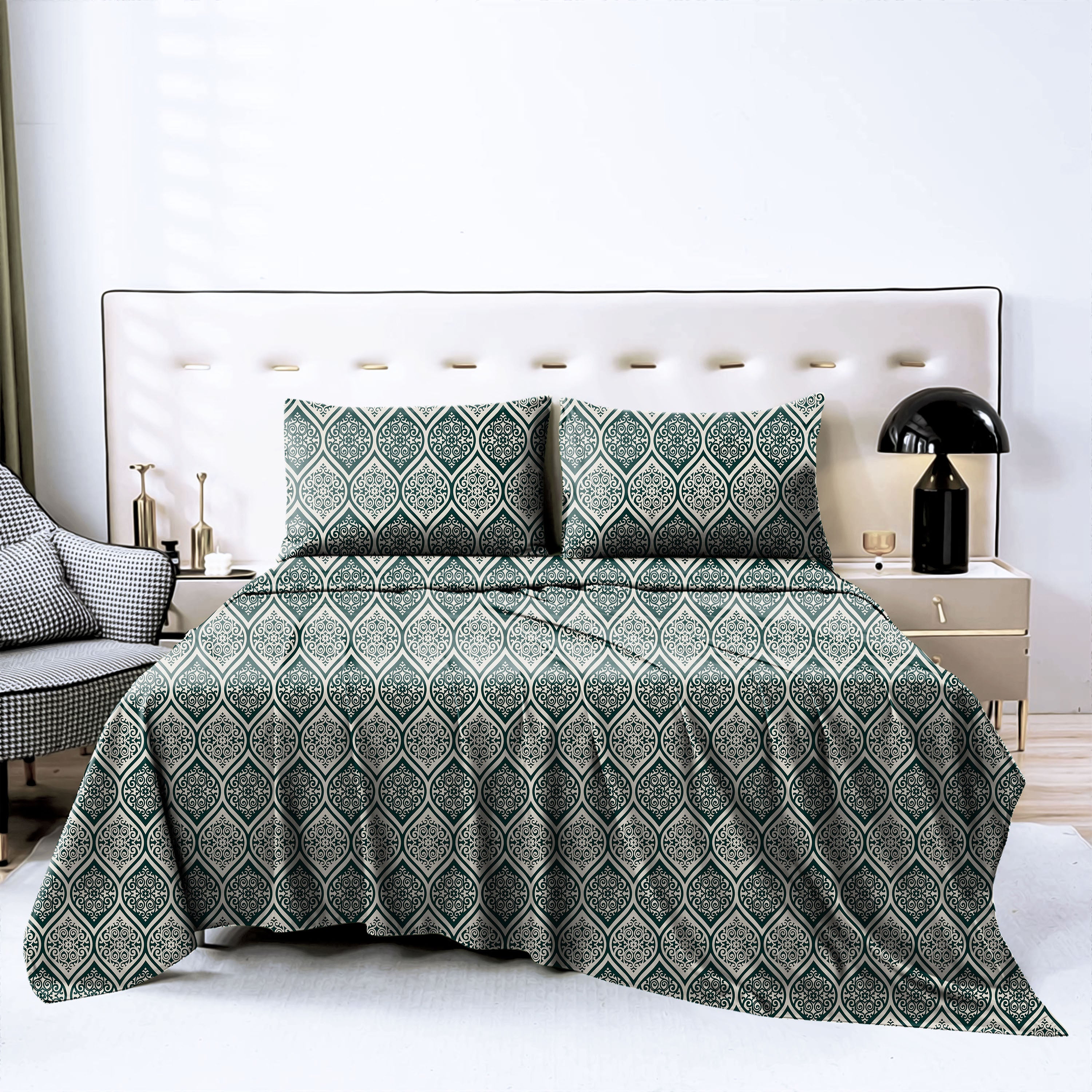 Manhattan Green Bedcover for Double Bed with 2 Pillow Covers King Size (104" X 90")