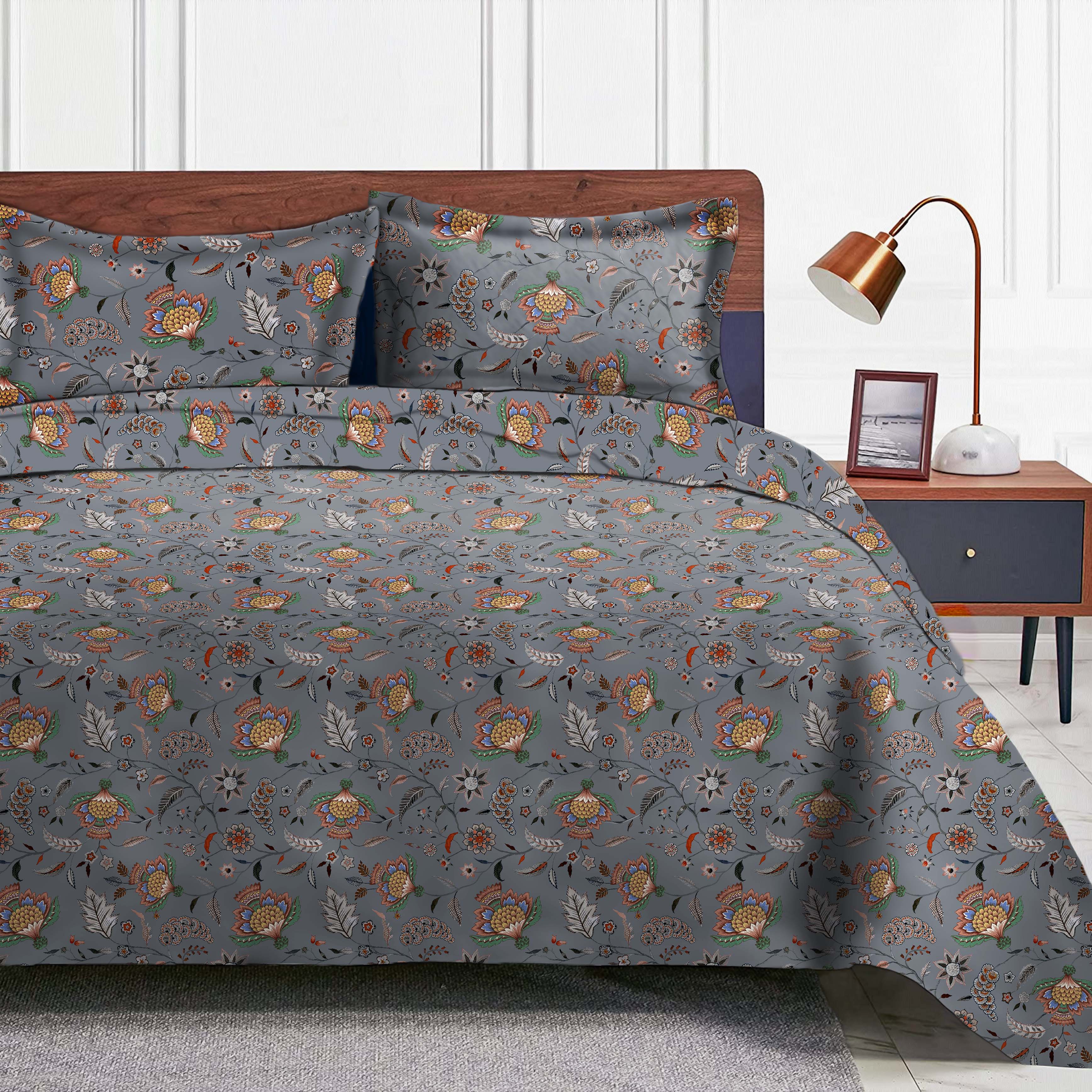 Kasbah Grey Bedsheet for Double Bed with 2 Pillow Covers Size (104" X 90")