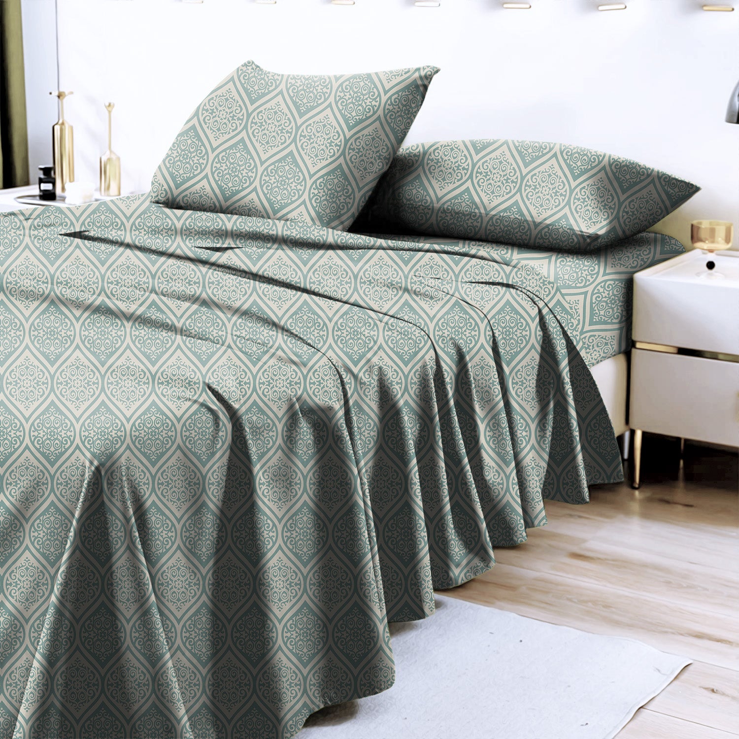Manhattan Greyish Teal Bedcover for Double Bed with 2 Pillow Covers King Size (104" X 90")