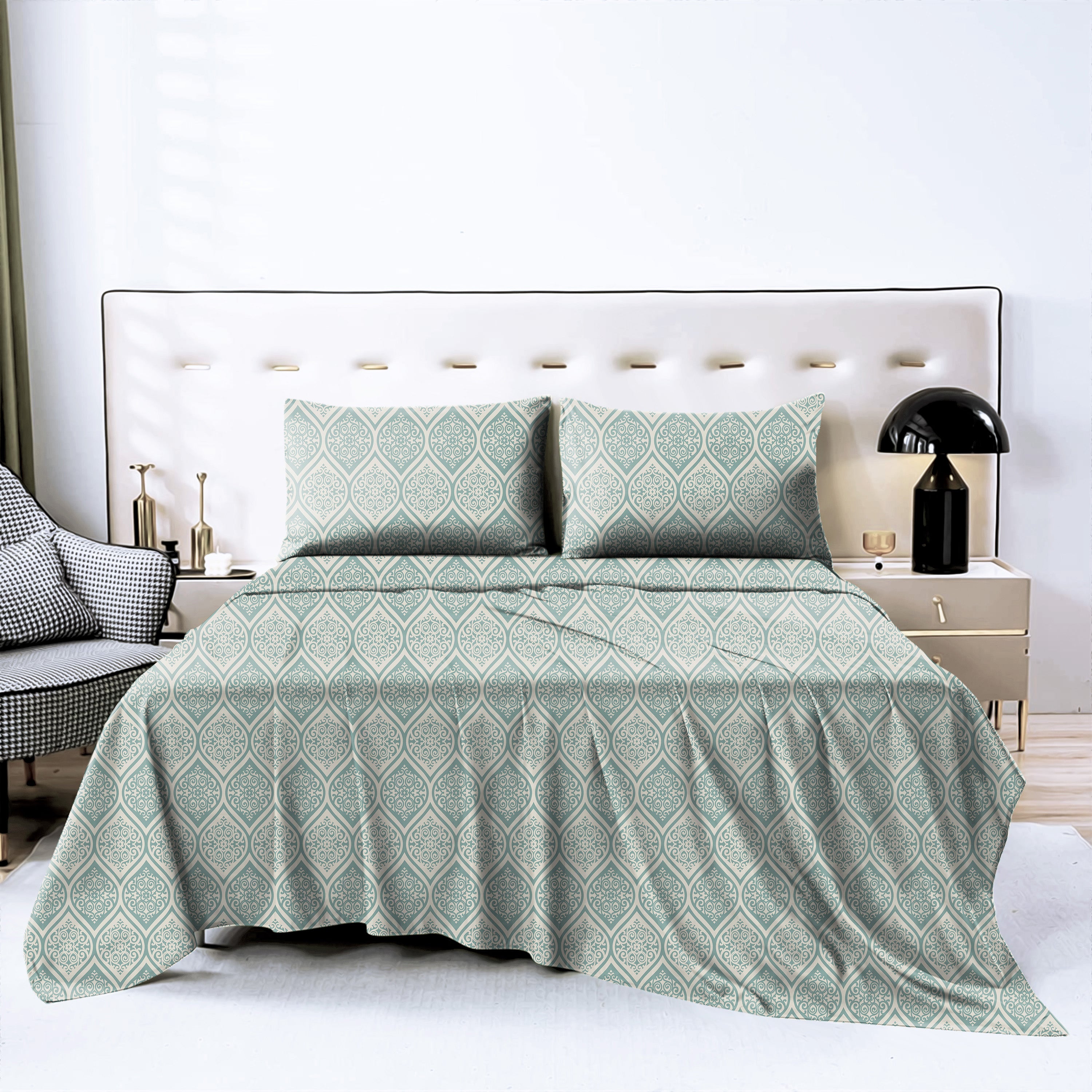 Manhattan Greyish Teal Bedcover for Double Bed with 2 Pillow Covers King Size (104" X 90")