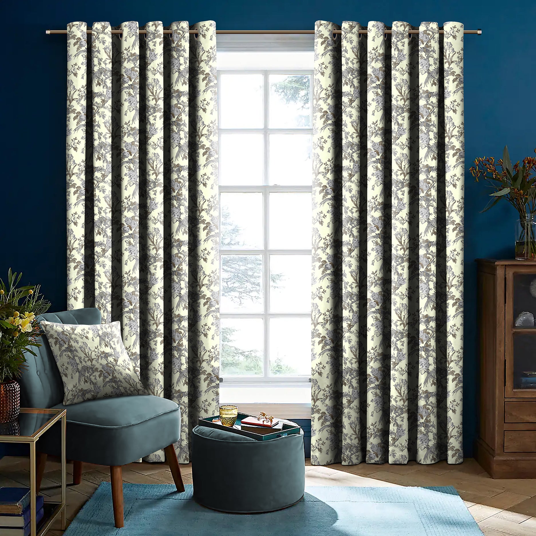 WOODLAND BIRDS BEIGE PURPLE BLACKOUT CURTAIN
