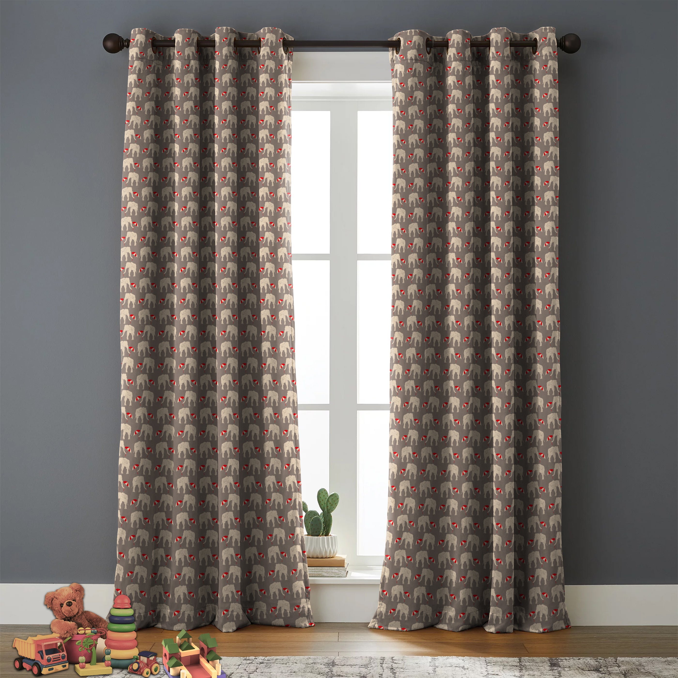 Elephant L Brown Printed Blackout Curtain