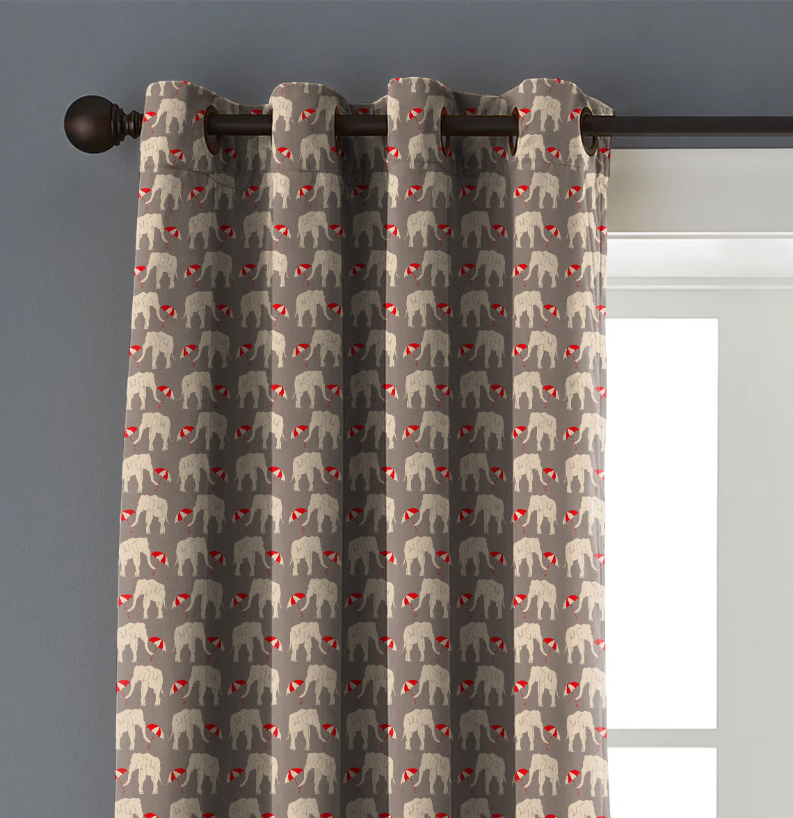 Elephant L Brown Printed Blackout Curtain