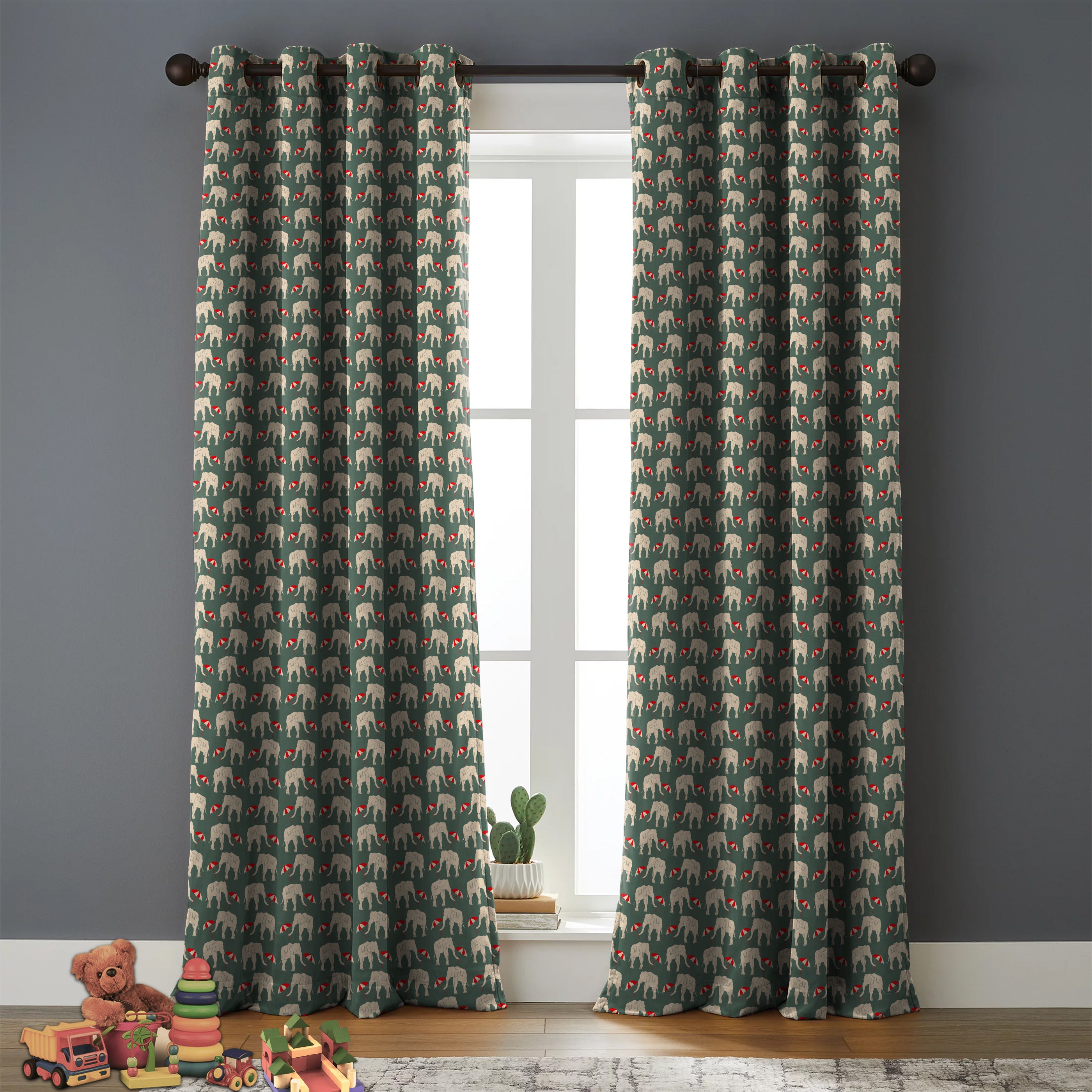 Elephant L Green Printed Blackout Curtain