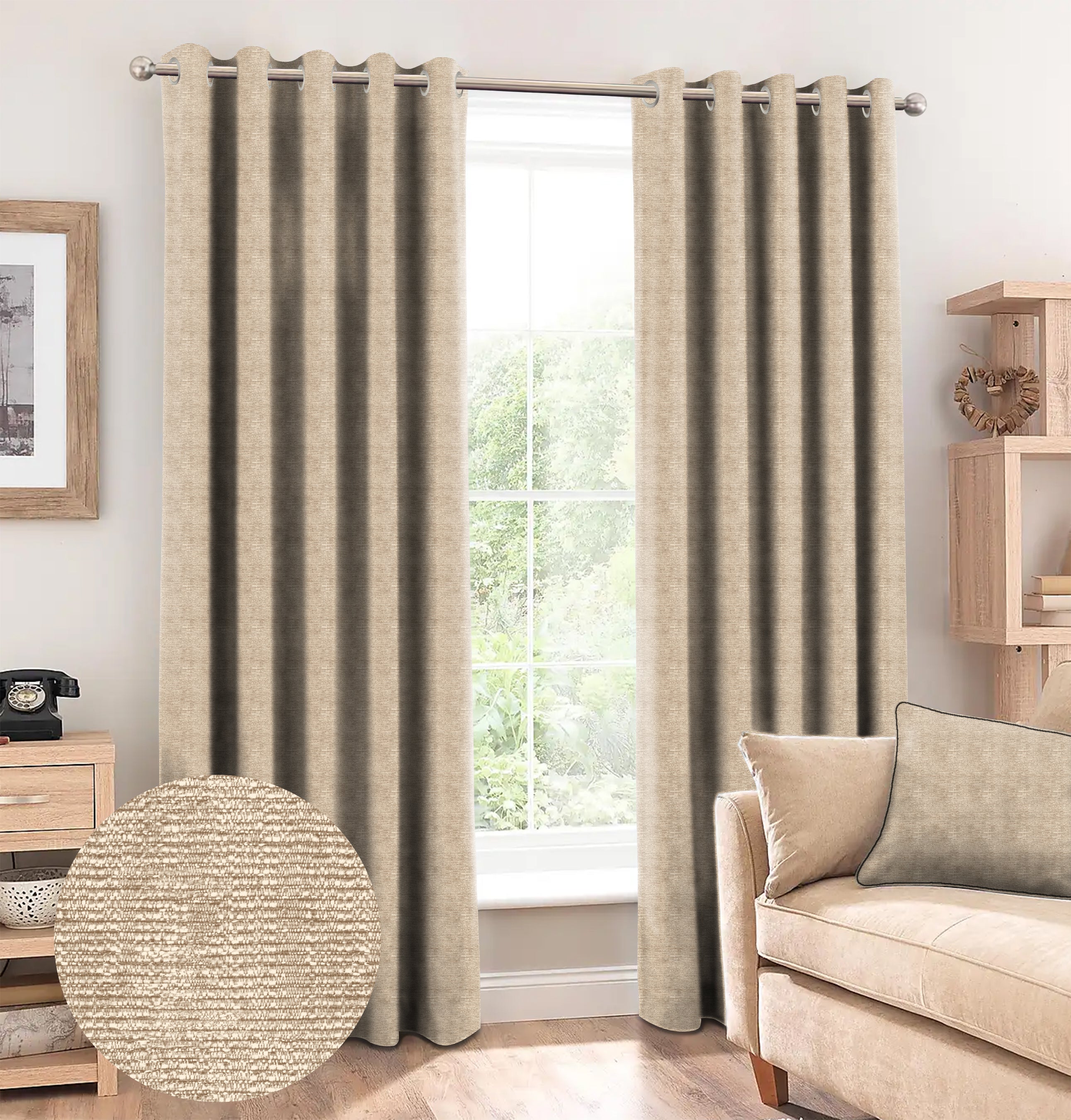 SUNBLOCK SLUBBY LIGHT BROWN PRINTED BLACKOUT CURTAIN