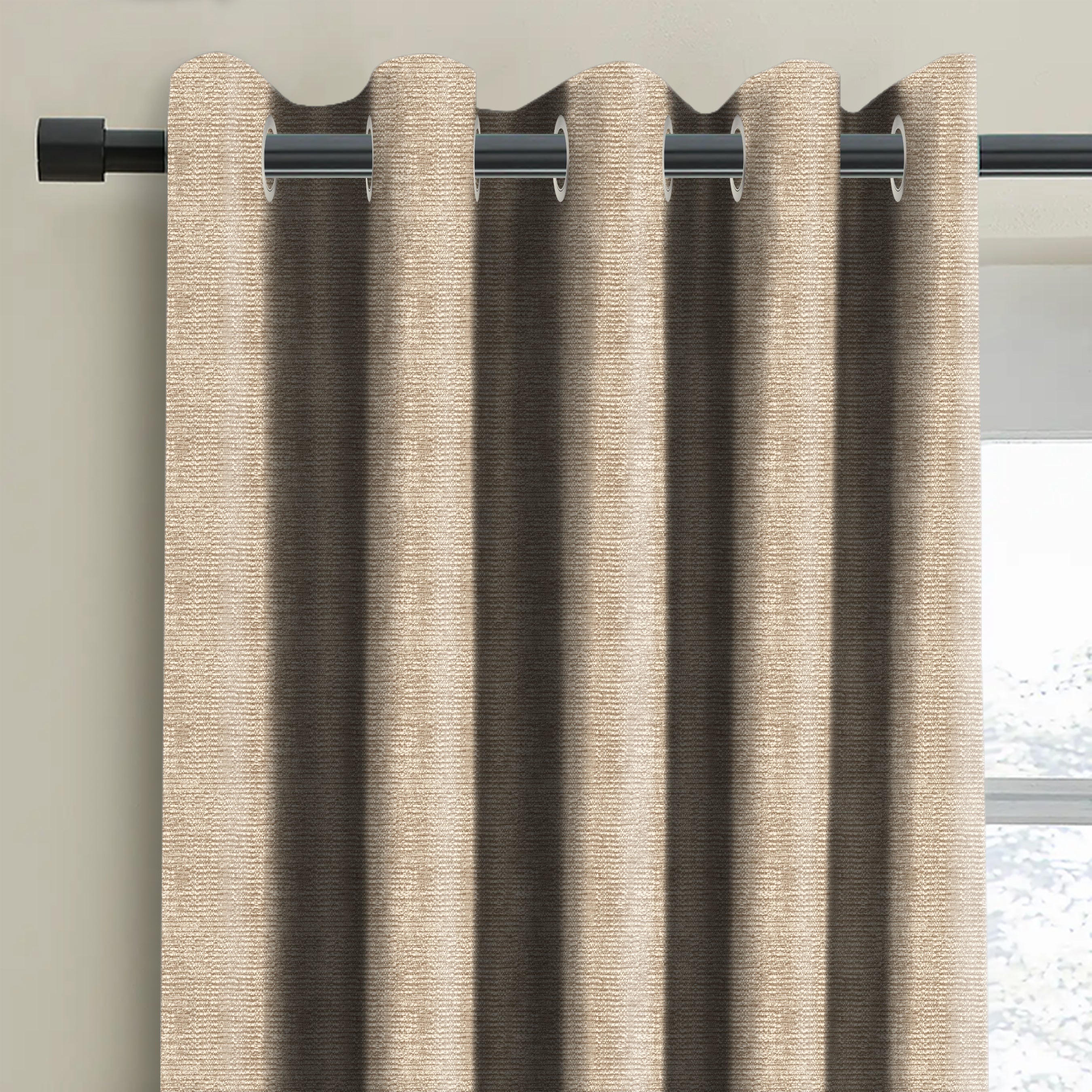 SUNBLOCK SLUBBY LIGHT BROWN PRINTED BLACKOUT CURTAIN