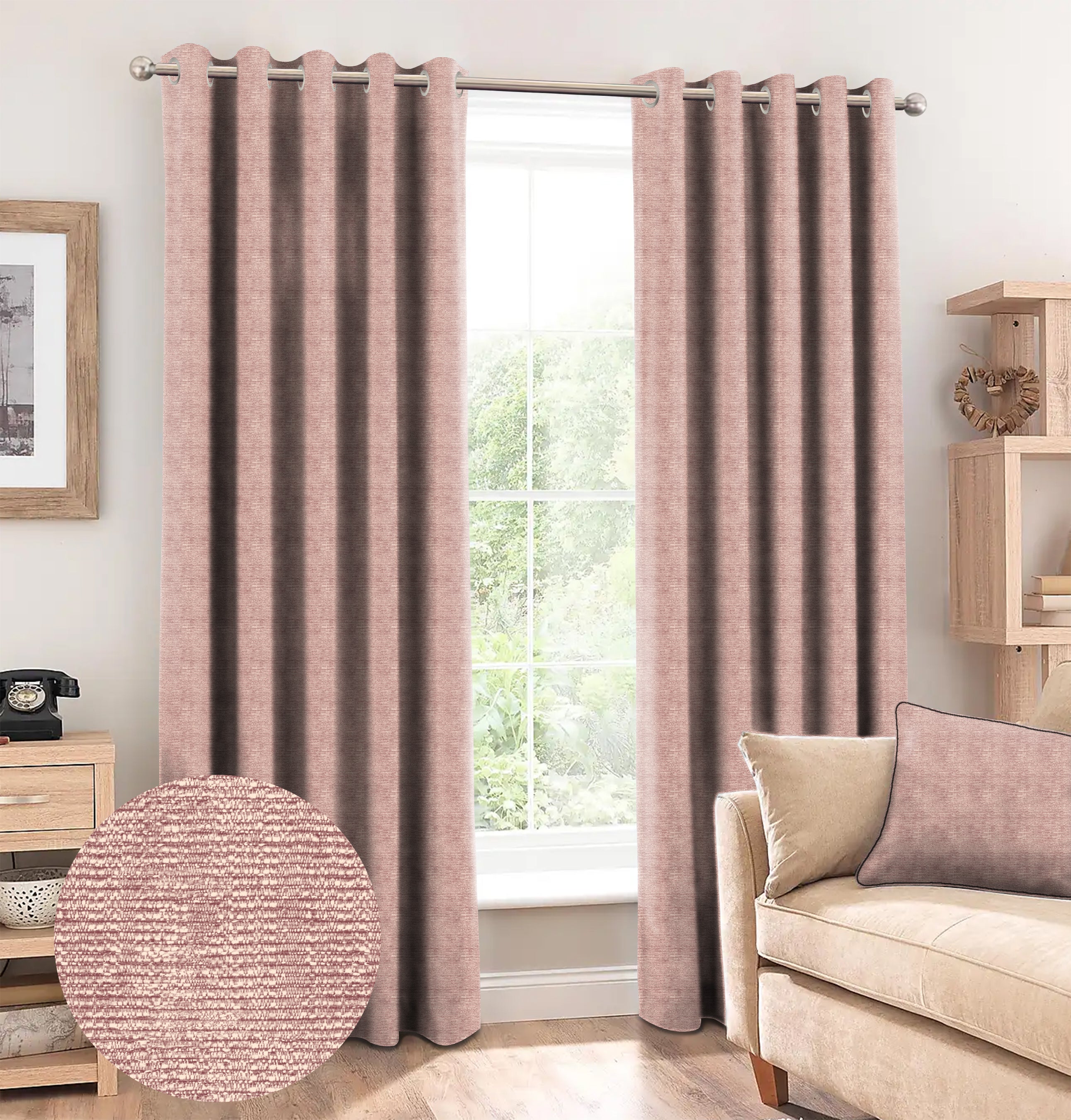SUNBLOCK SLUBBY MED PINK PRINTED BLACKOUT CURTAIN