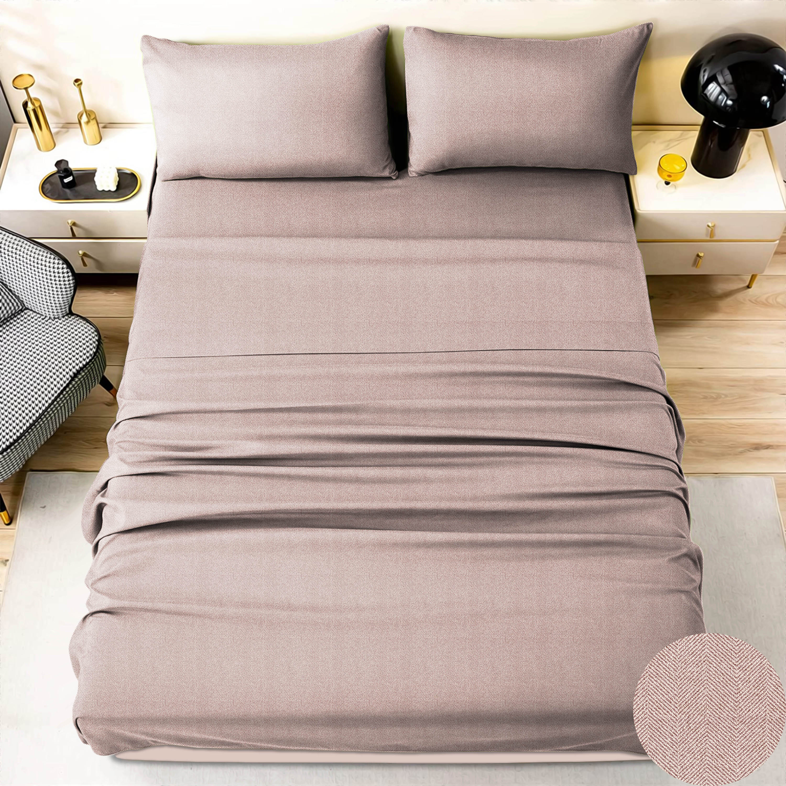 Herringbone Med Pink Bedcover for Double Bed with 2 PillowCovers King Size (104" X 90")