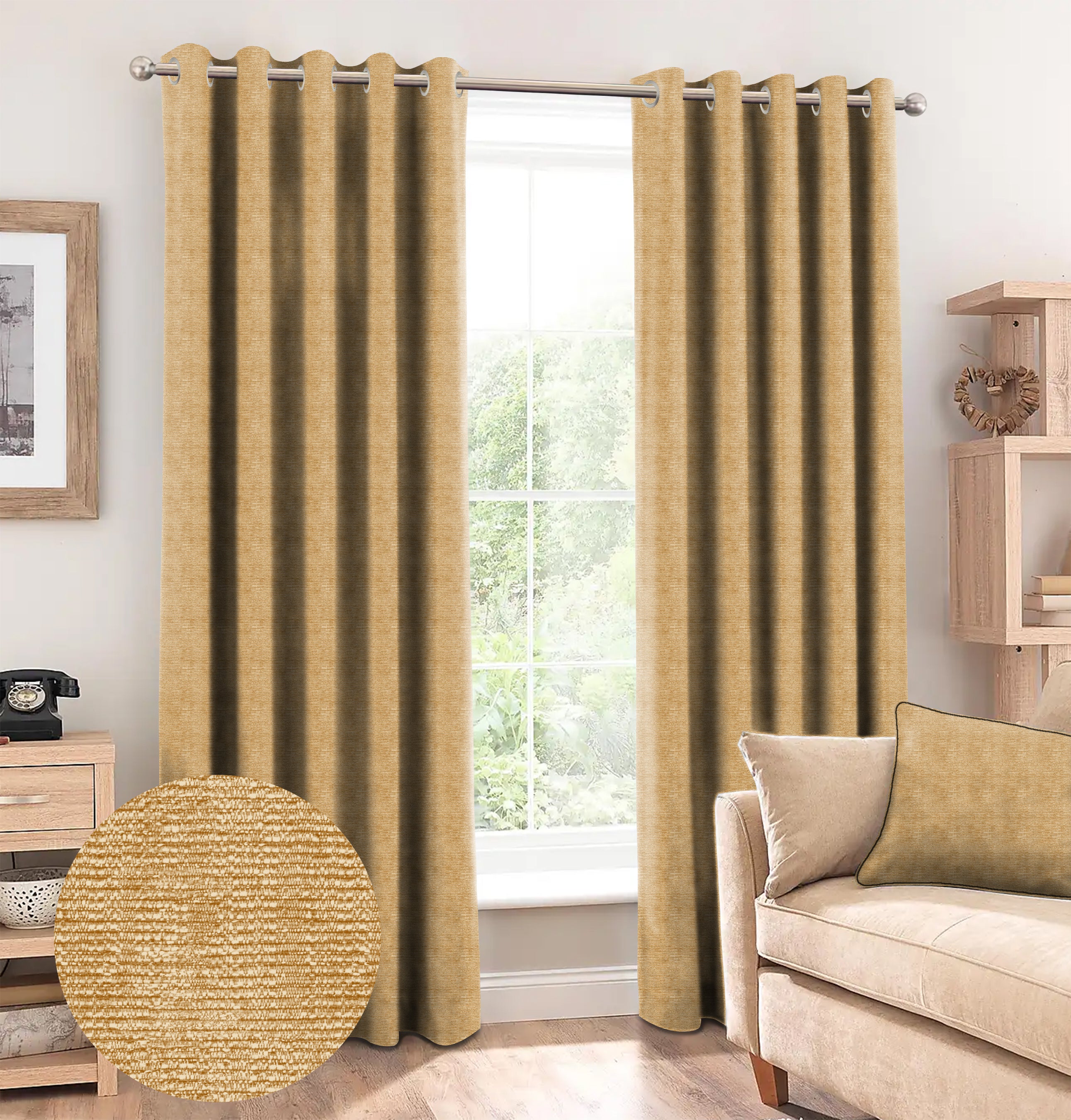 SUNBLOCK SLUBBY MUSTARD PRINTED BLACKOUT CURTAIN