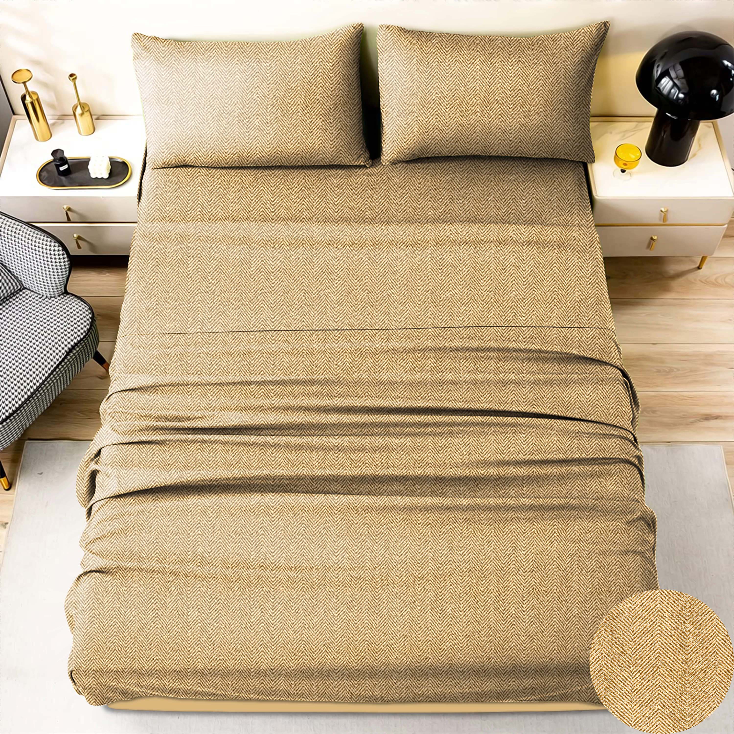 Herringbone Mustard Bedcover for Double Bed with 2 PillowCovers King Size (104" X 90")