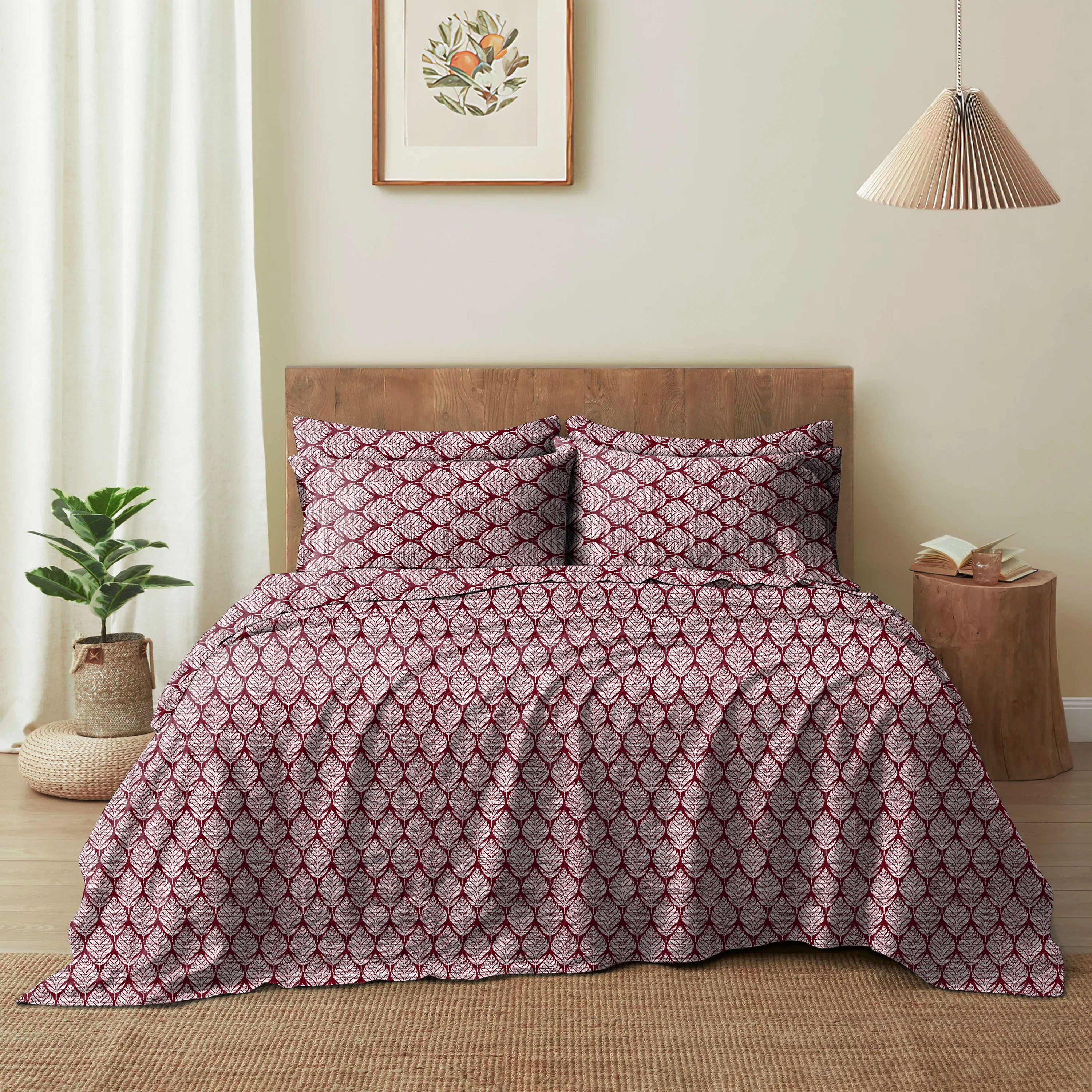 Meadow Leaf Maroon Bedcover for Double Bed with 2 Pillow Covers King Size (104" X 90")