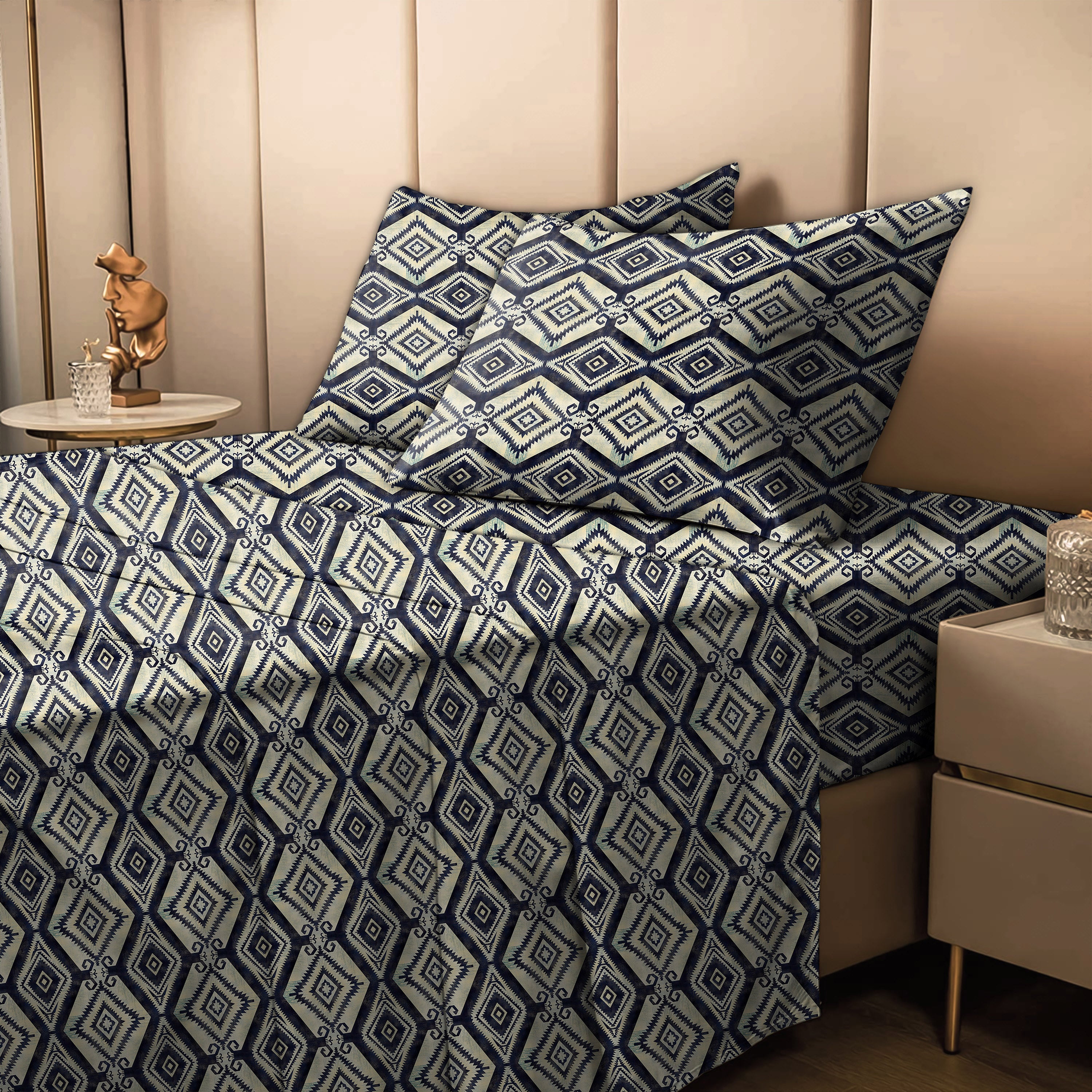 Madrid Navy Bedcover for Double Bed with 2 PillowCovers King Size (104" X 90")