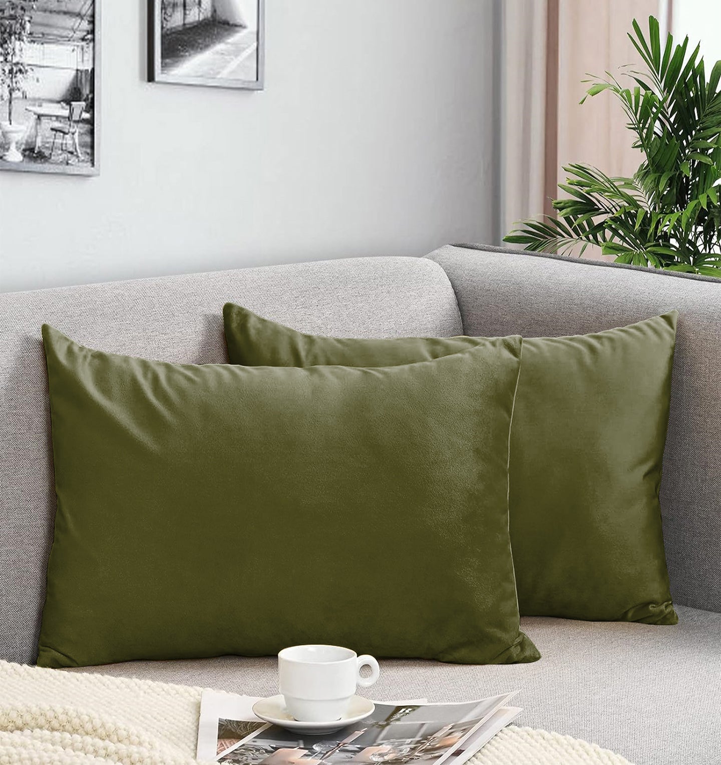 CASABLEU DECORATIVE VELVET RECTANGULAR CUSHION COVER THROW PILLOW COVER FOR LIVING ROOM COUCH SINGLE SOFA, COLOURFUL MODERN 12 X 18 INCHES / 30 X 45 CM (COLOUR - OLIVE) (Pack of 2)