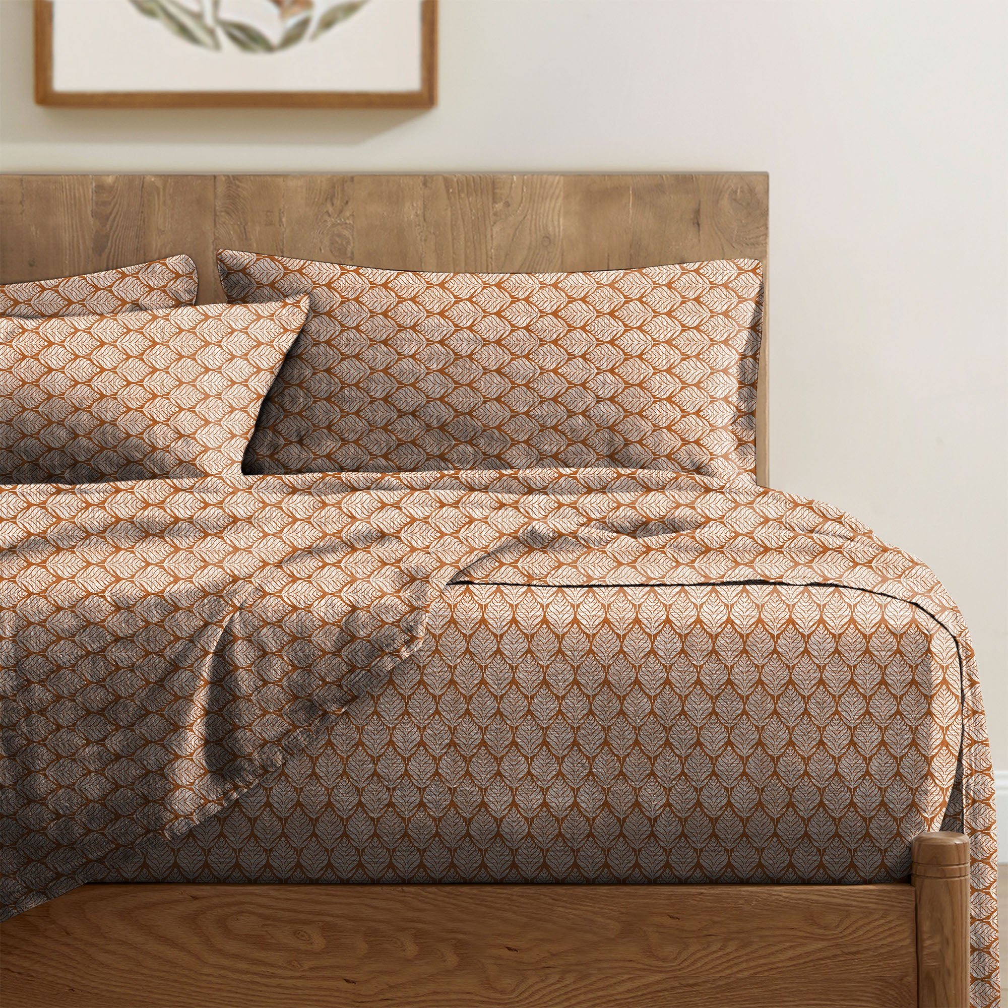 Meadow Leaf Orange Bedcover for Double Bed with 2 Pillow Covers King Size (104" X 90")