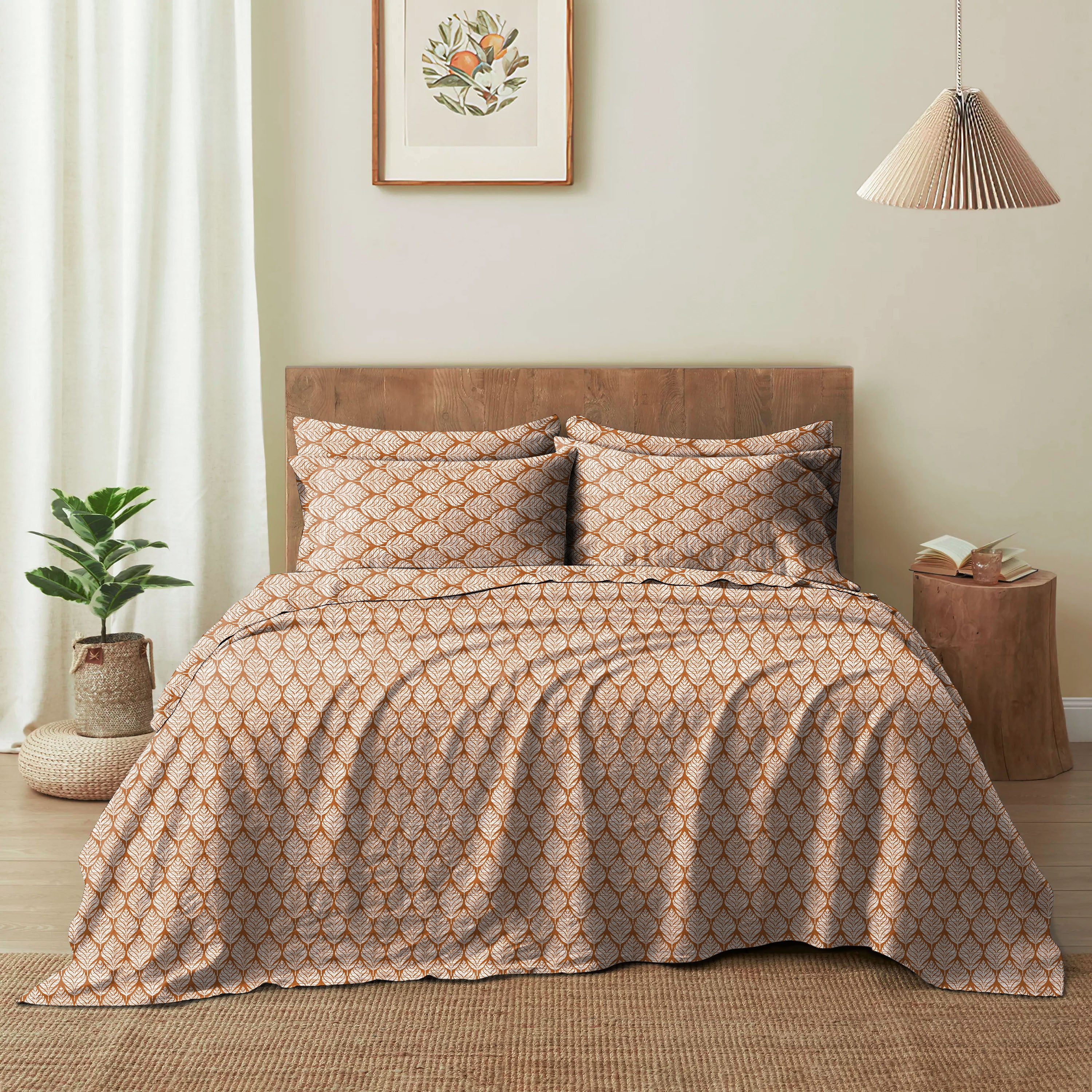 Meadow Leaf Orange Bedcover for Double Bed with 2 Pillow Covers King Size (104" X 90")
