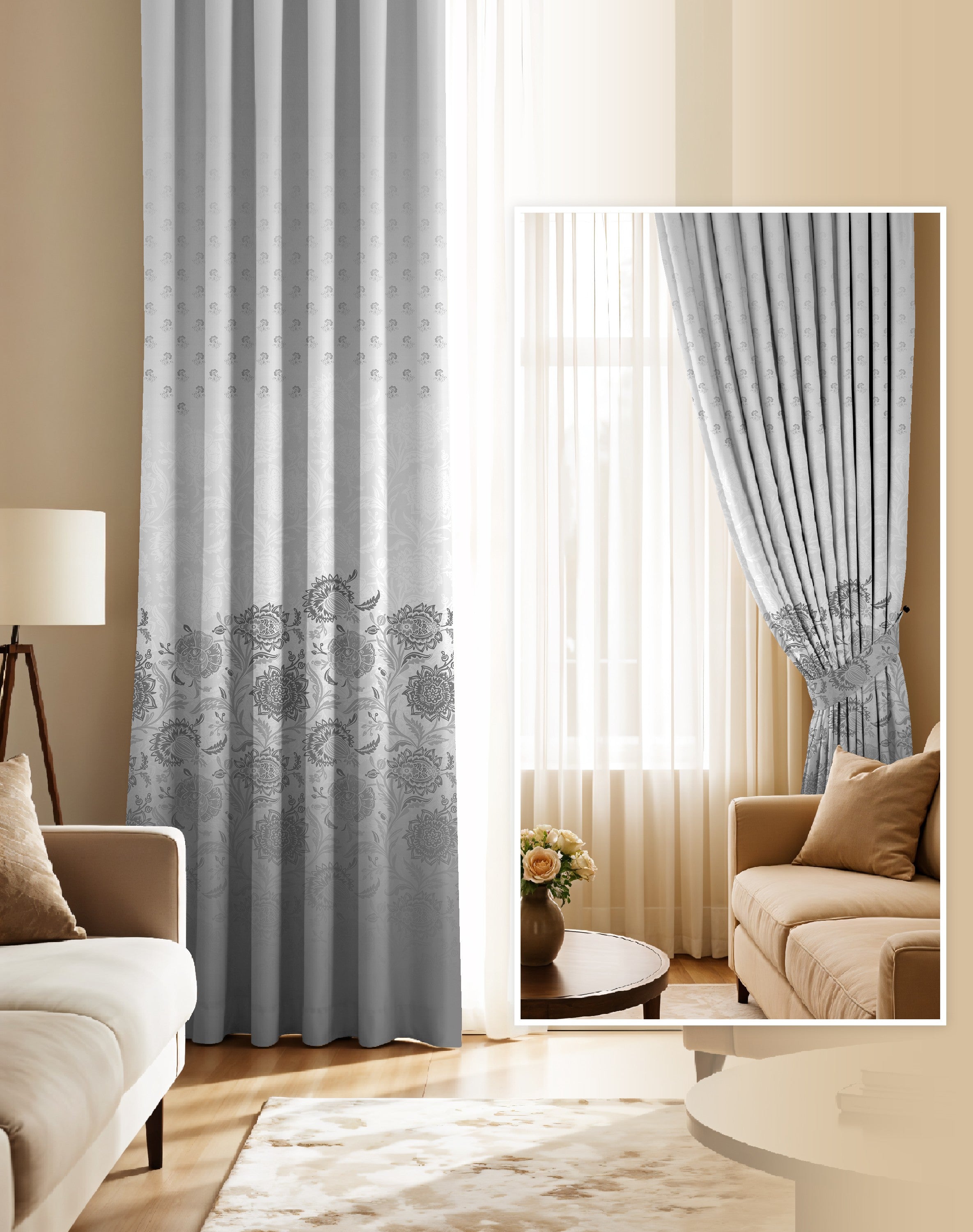 BOTANICA PEWTER GREY PRINTED ROOM DARKENING CURTAIN